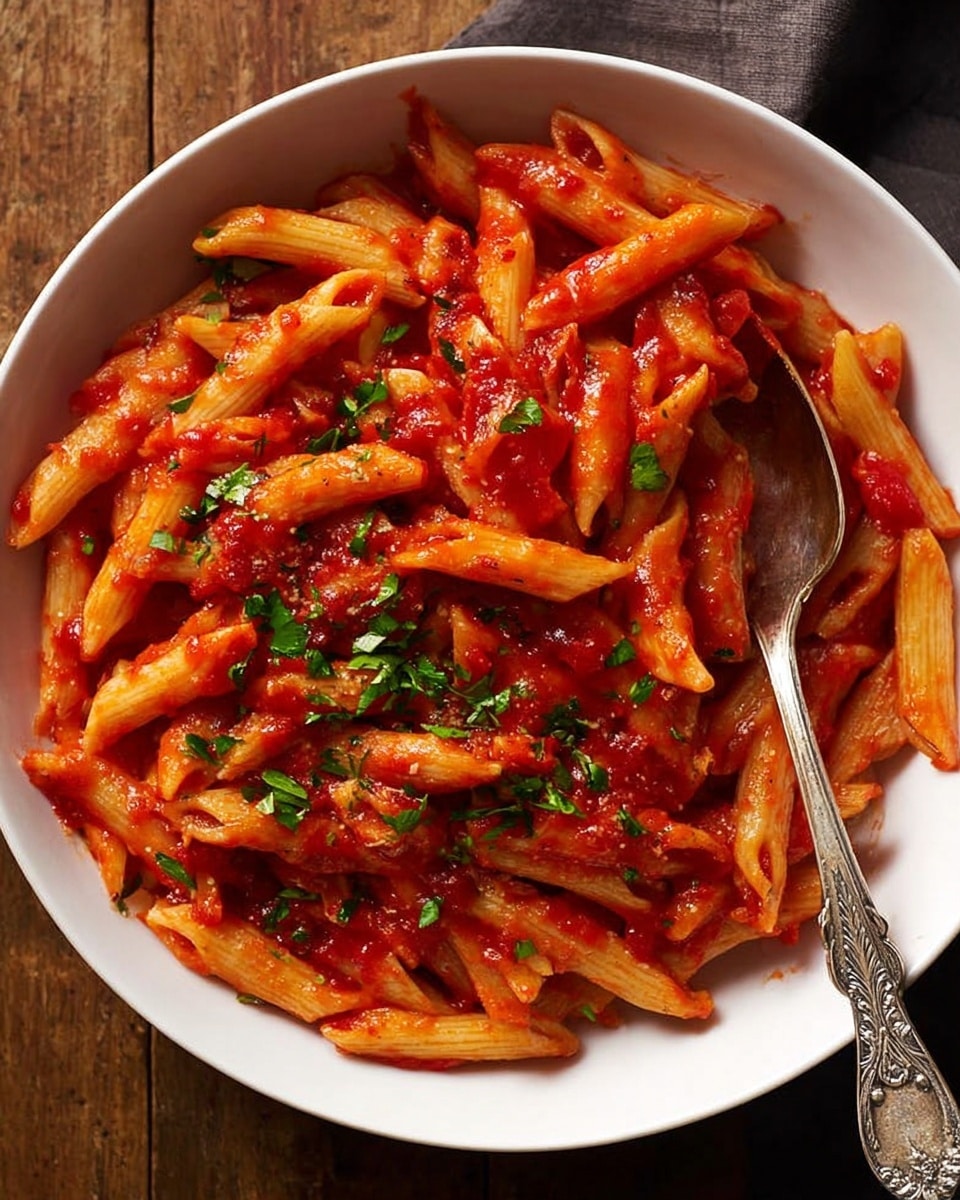 A white bowl filled with penne pasta fully covered in a bright red tomato sauce, showing a thick and slightly chunky texture with small bits of tomatoes. The pasta is well coated, with some pieces partially sticking out, revealing the smooth and ridged texture of the penne. The dish is garnished with finely chopped green herbs and light red chili flakes scattered on top. A silver spoon with an ornate handle is placed inside the bowl, on the right side, slightly buried in the pasta. The bowl is placed on a wooden surface with no other objects nearby. photo taken with an iphone --ar 4:5 --v 7