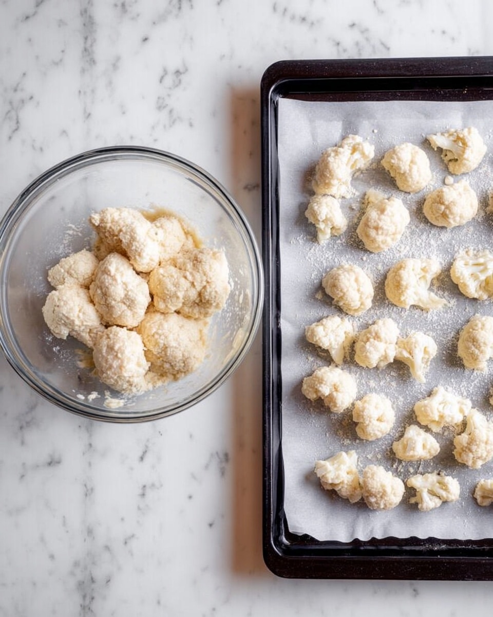 The image shows two parts: on the left side, a clear glass bowl with several cauliflower pieces coated in a light batter, placed on a white marbled surface; on the right side, a black baking tray lined with white parchment paper holds the cauliflower pieces spread out in a single layer, each piece coated with the same light batter, ready for baking. Photo taken with an iphone --ar 4:5 --v 7