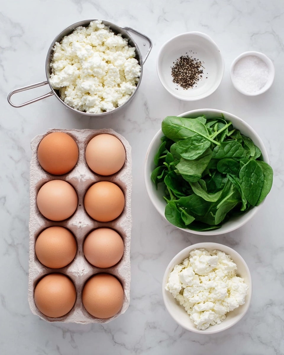 The image shows five groups of cooking ingredients placed on a white marbled surface. A white carton holds six brown eggs arranged in two rows of three in the center bottom. Above it to the left is a stainless steel measuring cup filled with soft white cottage cheese, showing a slightly bumpy texture. Next to it on the right is a white bowl filled with fresh green chopped spinach leaves, appearing bright and crisp. To the far right top is a small white bowl containing black pepper and white salt, separated clearly inside the bowl. Below that bowl, another white bowl contains white crumbled soft cheese with a slightly crumbly texture. photo taken with an iphone --ar 4:5 --v 7