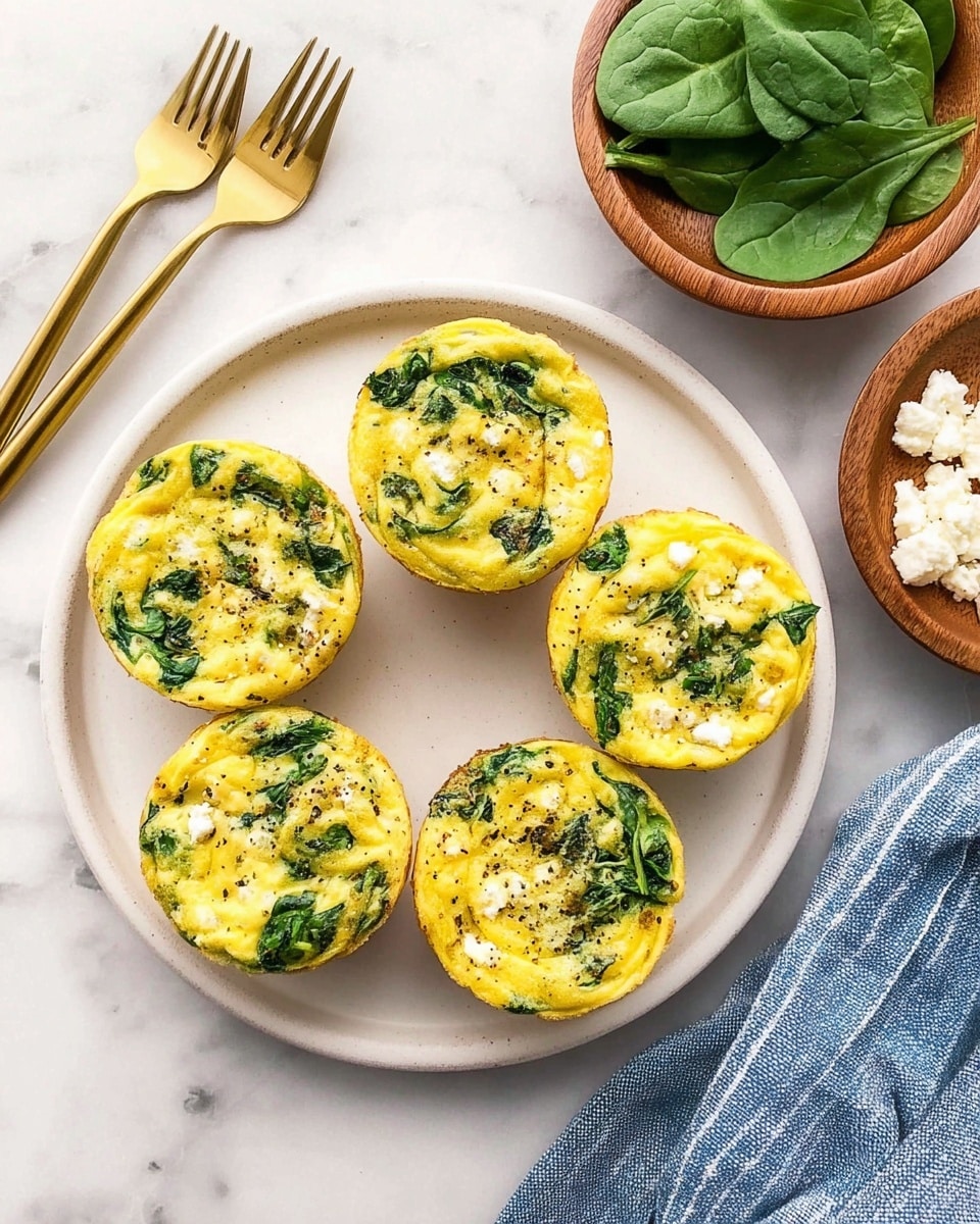 Five mini egg muffins are arranged on a round white plate on a white marbled surface. Each muffin has a yellow, fluffy egg base with bright green spinach pieces mixed throughout, giving a fresh and colorful look. The tops of the muffins show a slight texture from baked egg and spinach, with some specks of black pepper visible. Nearby, to the right, are two small wooden bowls, one filled with fresh spinach leaves and the other with white crumbled cheese. A gold fork and spoon rest above the plate, and a blue and white striped cloth is folded at the bottom right corner. Photo taken with an iphone --ar 4:5 --v 7