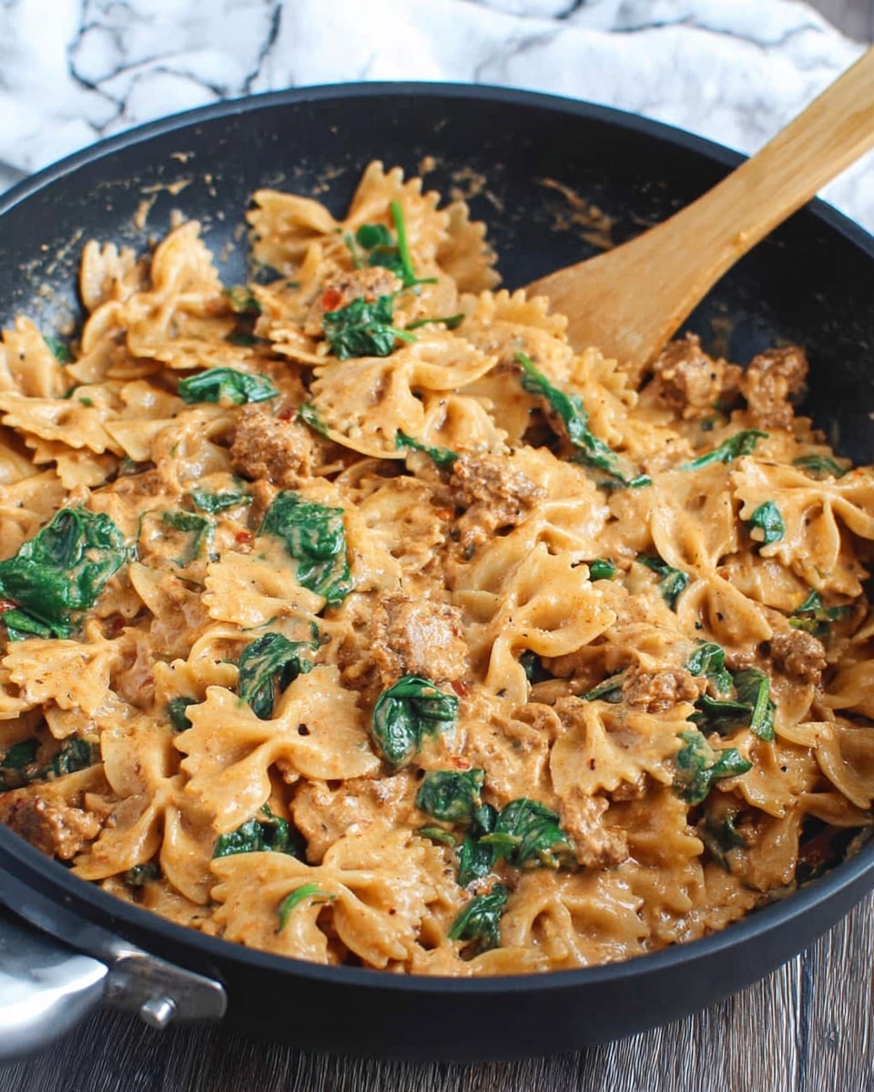The image shows a black pan filled with creamy farfalle pasta mixed with small pieces of cooked meat and bright green spinach leaves. The pasta is coated in a thick, orange-colored sauce with visible herbs and spices, giving it a textured look. A wooden spoon is partially visible stirring the pasta on the right side. The pan sits on a wooden table with a white marbled surface visible around it. Photo taken with an iphone --ar 4:5 --v 7