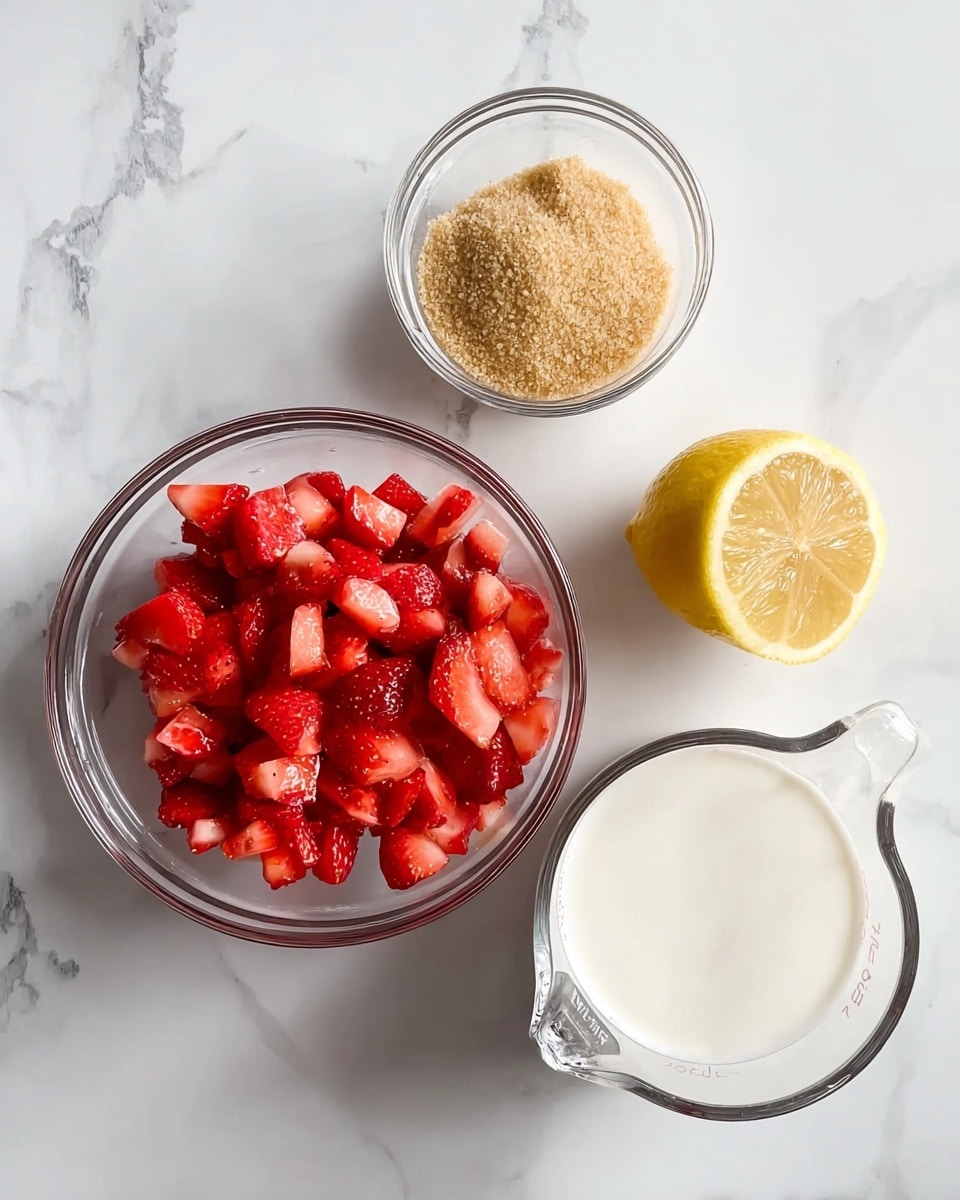 The image shows four items placed on a white marbled surface: a clear glass bowl filled with chopped red strawberries with a juicy texture, a smaller clear glass bowl containing light brown granular sugar, a half of a lemon with a bright yellow skin and juicy pale yellow inside, and a clear glass measuring cup with a white foamy liquid inside. All items are neatly arranged with good lighting, showing the colors and textures clearly, photo taken with an iphone --ar 4:5 --v 7