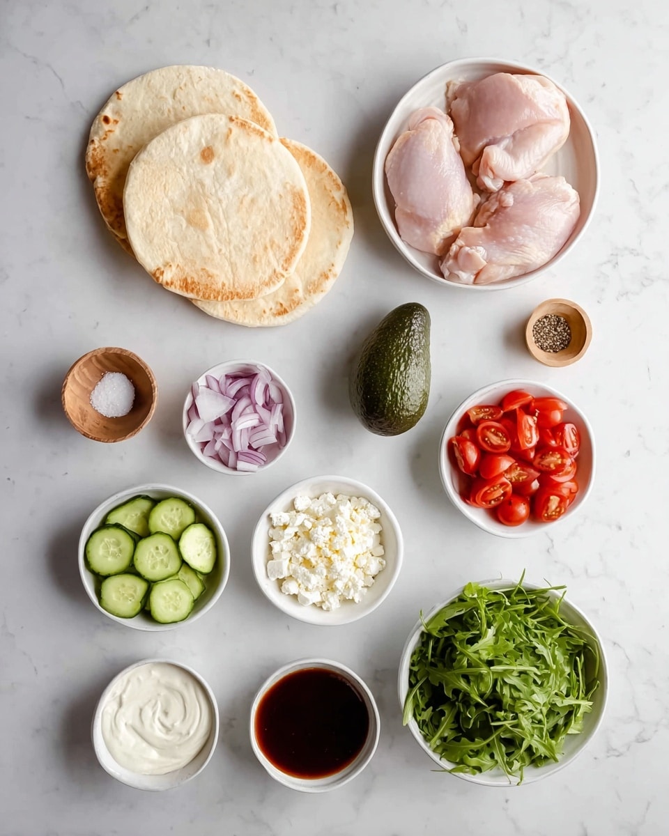 The image shows a clean white marbled surface with ingredients neatly arranged. On the top left, there are three round pita breads stacked lightly together, pale golden in color with soft texture. To the right, a white bowl holds four raw pink chicken thighs without skin. In the center, a whole dark green avocado sits alone. Below, there are five small white bowls with different items: sliced light green cucumbers, bright green arugula leaves, halved red cherry tomatoes, thin pale purple onion slices, and white crumbly cheese. Near the center bottom, a small bowl of white creamy sauce and a white bowl of dark brown sauce are placed side by side. A tiny wooden dish at the top right corner contains black pepper and white salt. The layout is simple and bright, with all elements spaced evenly across the marbled background. Photo taken with an iphone --ar 4:5 --v 7
