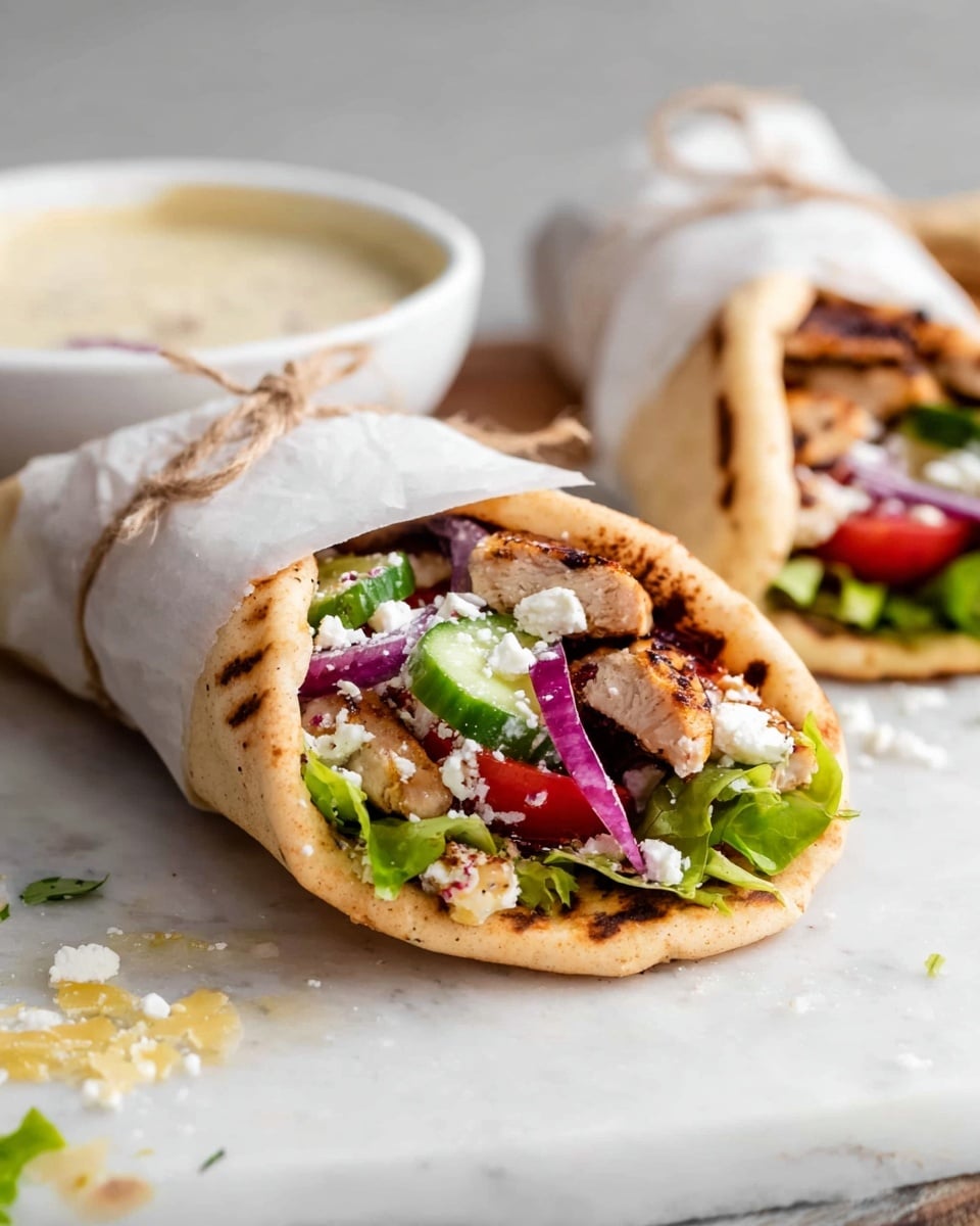 A grilled pita wrap folded in half and wrapped partially in white parchment paper tied with string, filled with layers of light tan grilled chicken pieces, green leafy lettuce, sliced green cucumber, red cherry tomato halves, red onion slices, and white crumbled cheese, resting on a soft white marbled surface with scattered cheese crumbles nearby. In the background, there is a white bowl with a light creamy sauce inside. photo taken with an iphone --ar 4:5 --v 7