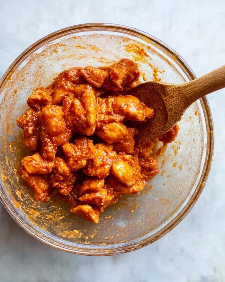 A clear glass bowl holds several pieces of raw chicken coated in a rich orange-red sauce, giving the chicken a moist and sticky texture. The pieces are uneven in size and look soft and fresh. Inside the bowl, a wooden spoon with a thick handle rests on the chicken, showing signs of use with patches of sauce stuck on it. The bowl sits on a white marbled surface that creates a clean and bright contrast to the color of the chicken. The light makes the chicken look shiny and slightly wet. photo taken with an iphone --ar 4:5 --v 7
