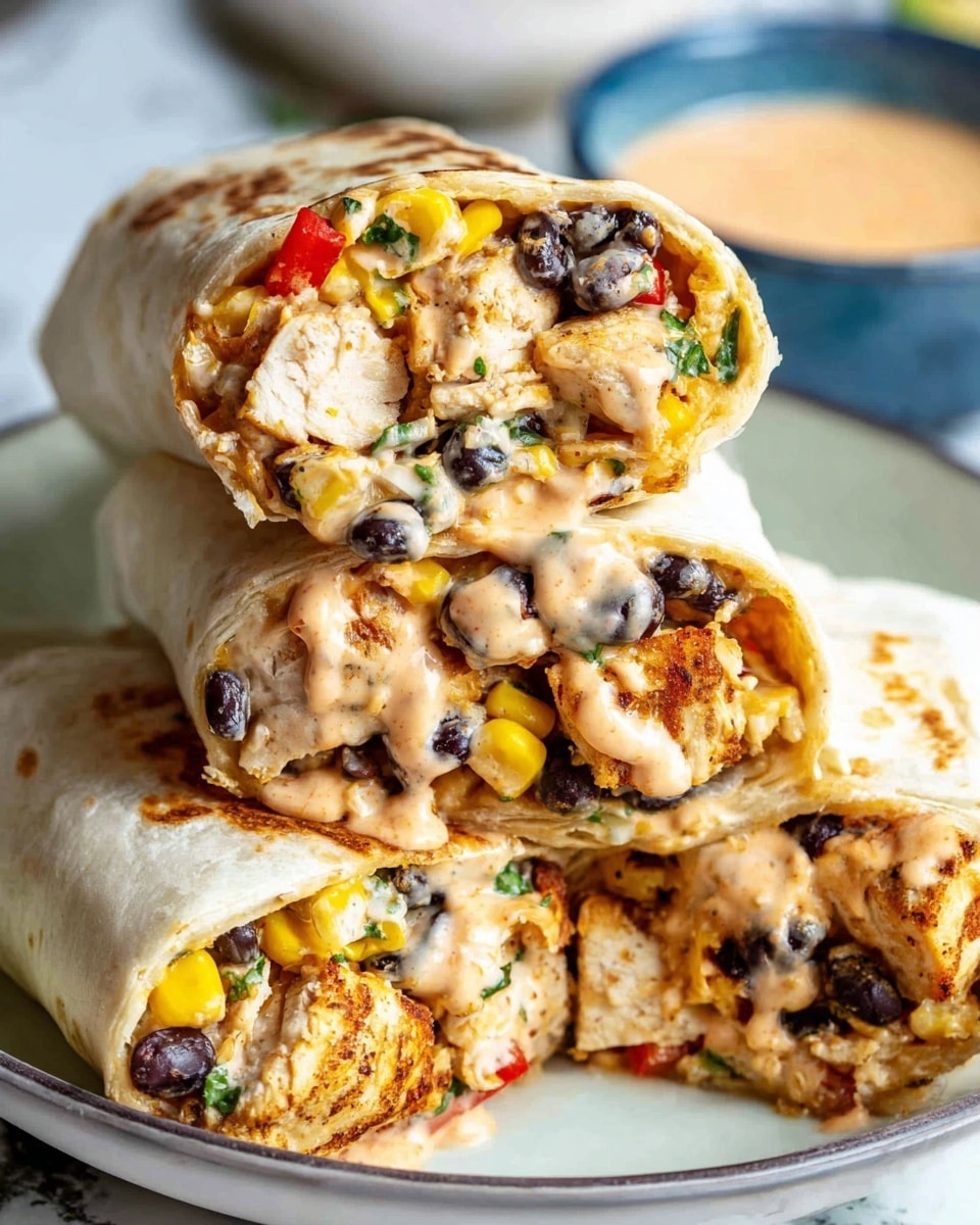 The image shows a close-up of three burrito halves stacked on a white plate, filled with several layers. The outer layer is a soft, lightly toasted tortilla wrap in a pale golden color. Inside, there is a thick layer of grilled chicken pieces with a light brown color, mixed with black beans and bright yellow corn kernels. Small pieces of red bell pepper and green herbs add color throughout. A creamy, light orange sauce with herbs is drizzled on top and inside, giving a smooth texture to the filling. The background has a white marbled texture with a hint of a blue bowl containing more sauce. photo taken with an iphone --ar 4:5 --v 7