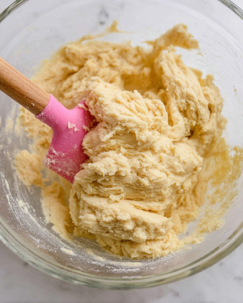 A close-up image shows thick, creamy dough with a pale yellow color and a slightly rough texture inside a clear glass bowl. A pink silicone spatula with a wooden handle is partially inserted into the dough, visible on the left side. The dough looks soft and sticky with some clumps and flour on the bottom. The whole scene is set on a white marbled surface. photo taken with an iphone --ar 4:5 --v 7