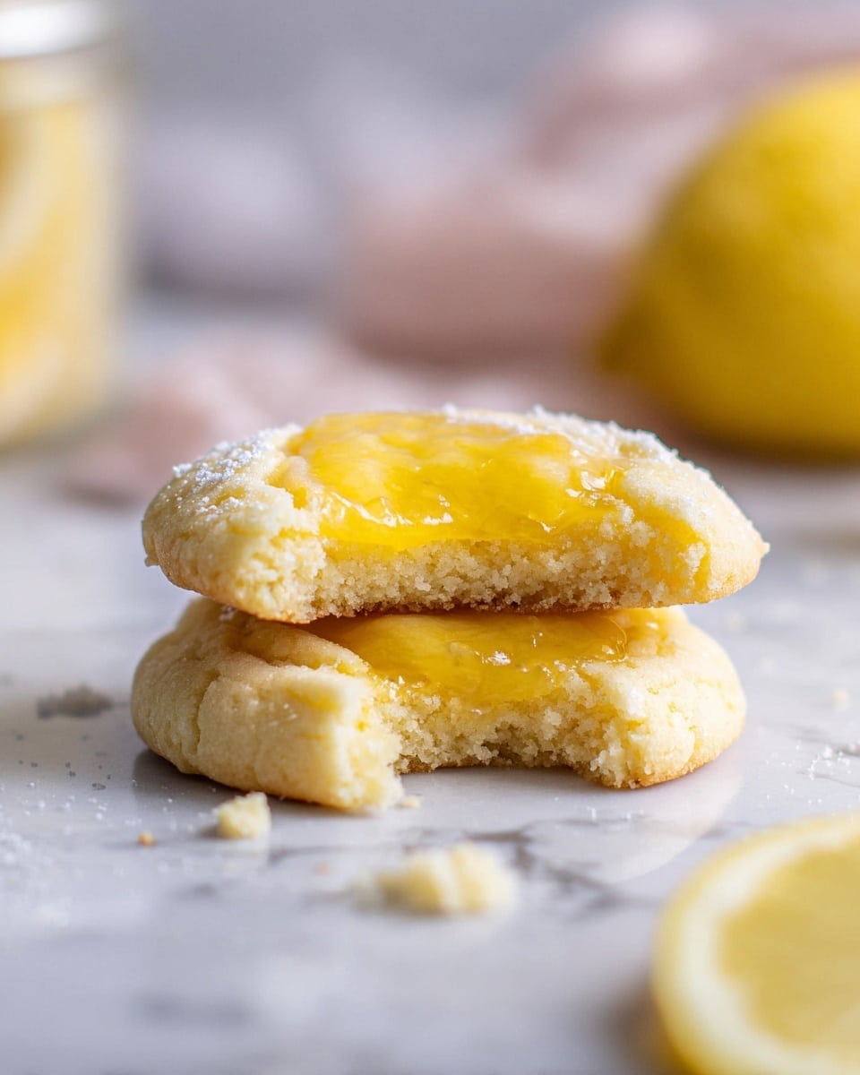 The image shows a lemon cookie with two layers on a white marbled surface. The bottom layer is a thick, soft, and crumbly pale-yellow cookie base. The top layer is a glossy, smooth, bright yellow lemon filling with a bit of shine. The top cookie is slightly broken, showing the thick lemon filling inside. There are small crumbs scattered around the cookie, and a sliced lemon is partially visible at the bottom right corner. The background is slightly blurry with soft colors and a glass jar seen faintly on the left side. Photo taken with an iphone --ar 4:5 --v 7