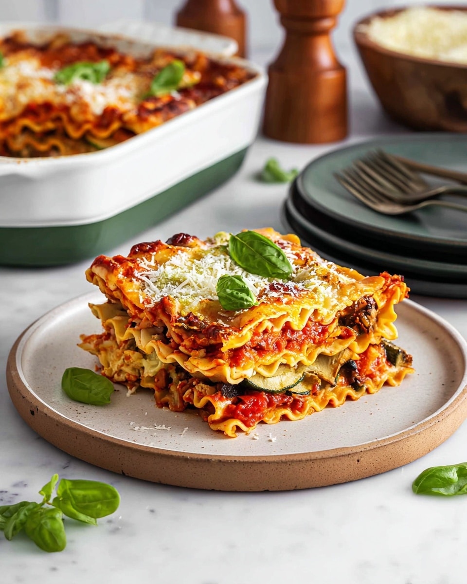 A slice of lasagna is shown on a white plate with a smooth matte finish. The lasagna has five visible layers: the top is a golden brown baked cheese layer with a slightly crispy texture and scattered grated cheese, topped with fresh green basil leaves. Below that is a rich red tomato sauce layer with small vegetable pieces, followed by a thin beige pasta sheet with ruffled edges. The next layer consists of a white creamy cheese mixed with chunky pieces of green zucchini and mushrooms. Underneath is another pasta sheet followed by more vegetables and cheese, giving the lasagna a colorful and textured look. Around the plate, there are small fresh basil leaves and a light sprinkle of grated cheese. The scene is set on a white marbled surface with a blurry background showing a white baking dish of lasagna, a wooden bowl with grated cheese, stack of dark green plates, a fork, and a pepper grinder. Photo taken with an iphone --ar 4:5 --v 7
