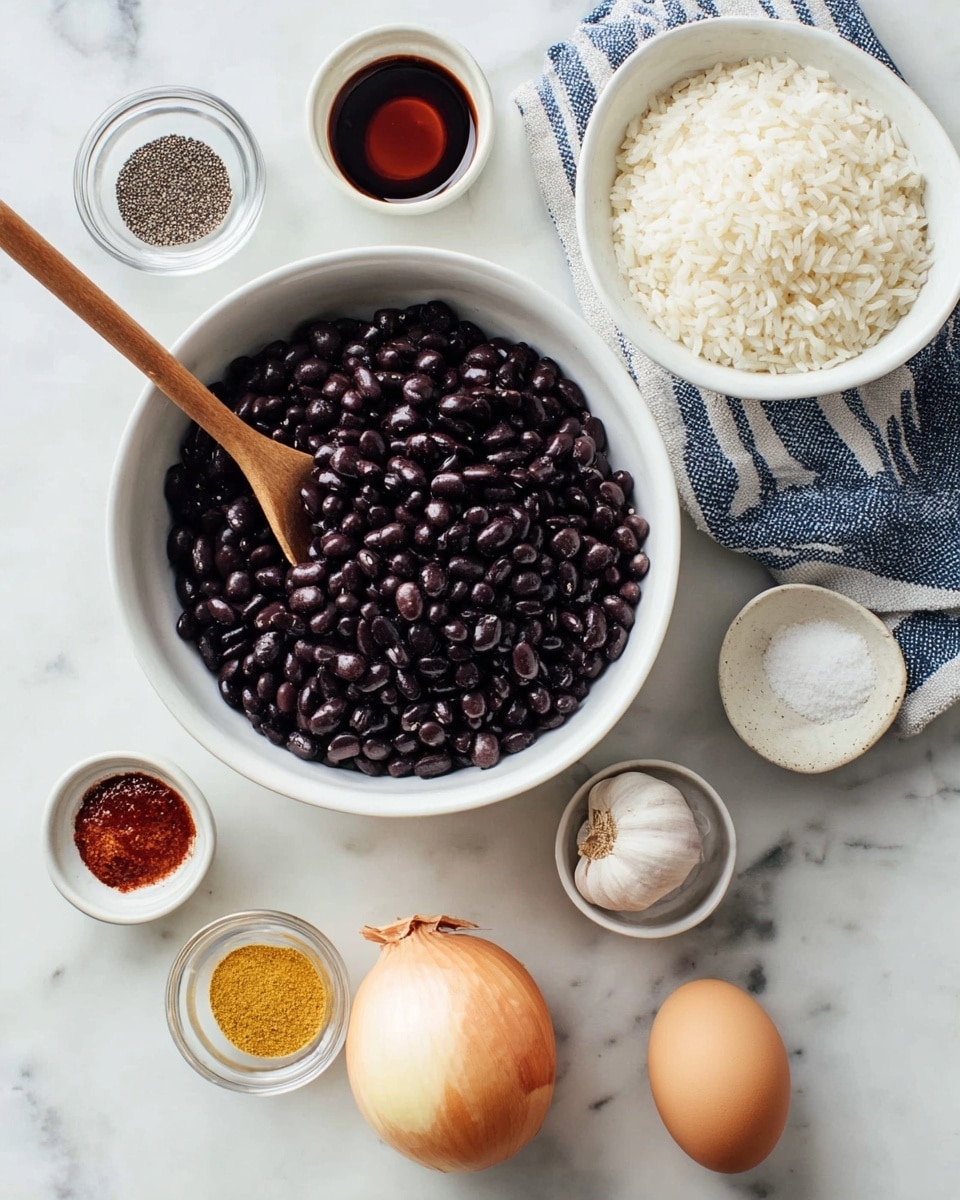 A white bowl filled with shiny black beans sits in the center, with a wooden spoon resting inside it. To the right, a white bowl contains dry white rice, placed next to a folded blue and white striped cloth. Below the bowls, there's a whole onion with light brown skin, a whole garlic bulb, and a single brown egg arranged on the white marbled surface. Around the bowls, there are small white dishes and glass containers holding black pepper, a dark sauce, red sauce, and yellow spice, all carefully placed in a neat layout. Photo taken with an iphone --ar 4:5 --v 7