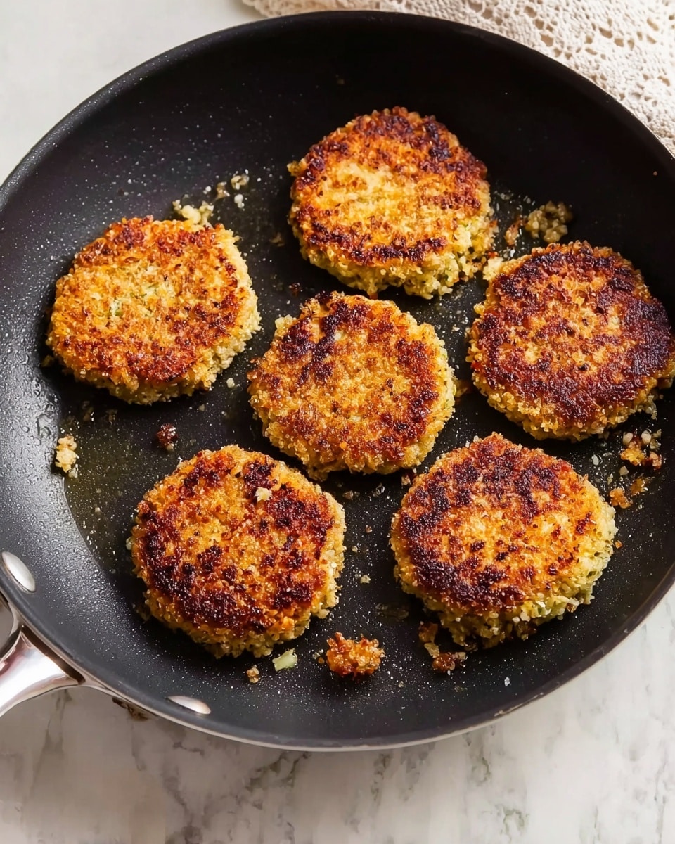 The image shows six round, golden brown patties cooking in a black frying pan. Each patty has a crispy, uneven surface with a mix of light and darker brown spots, indicating they are fried. The patties are spaced apart, some small crumbs surrounding them in the pan. The pan rests on a white marbled surface with part of a white lace cloth visible in the top right corner. Photo taken with an iphone --ar 4:5 --v 7