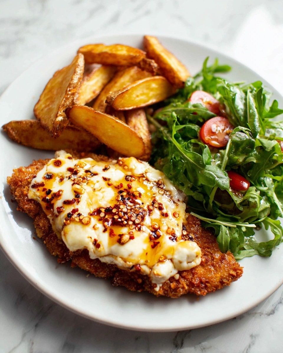 A white plate holds a meal with three main parts: on the left, golden brown potato wedges with a crispy texture; in the middle, a breaded meat fillet covered fully with a creamy, slightly melted white cheese layer sprinkled with red chili flakes and a drizzle of reddish oil; and at the top right, a fresh green salad made of leafy arugula and small pieces of red tomato. The plate sits on a white marbled surface. Photo taken with an iphone --ar 4:5 --v 7
