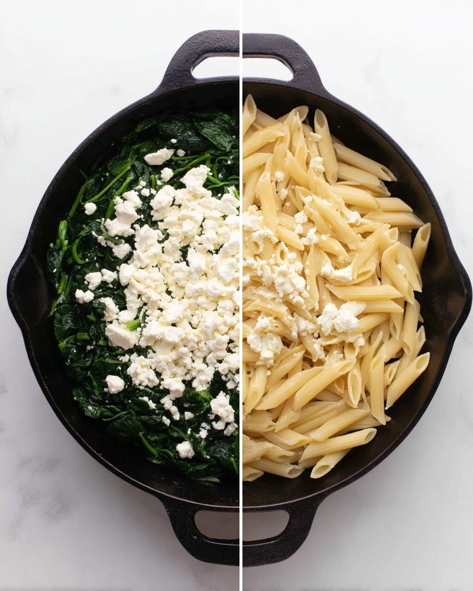 A black cast iron skillet on a white marbled surface shows two views side by side. The left side has a base layer of cooked dark green spinach topped with a thick layer of white crumbly cheese spread evenly. The right side has the same dark green spinach bottom layer with the white crumbly cheese just visible under a large layer of light yellow cooked penne pasta, filling the skillet. The skillet is centered in both images, and the lighting is soft and even. photo taken with an iphone --ar 4:5 --v 7