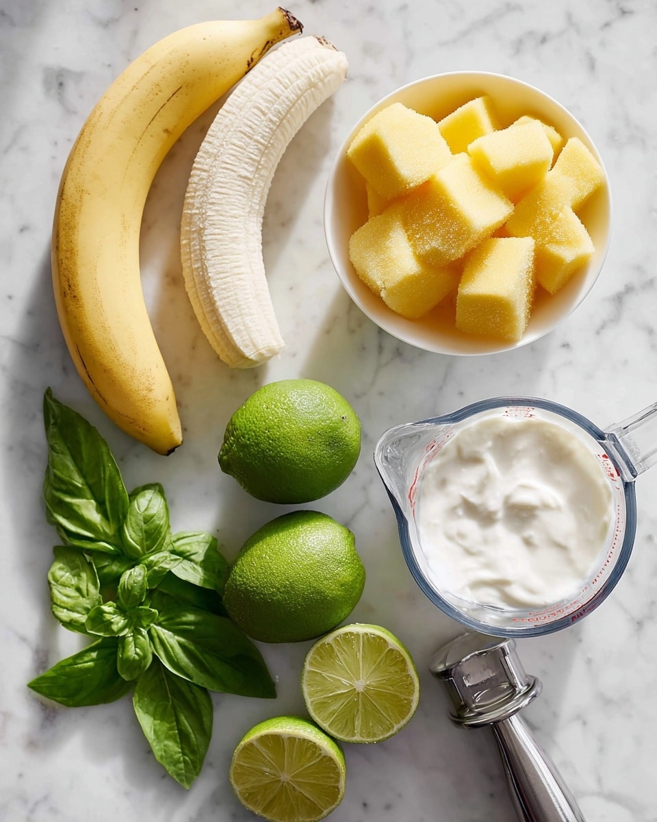 The image shows various ingredients laid out on a white marbled surface, including two yellow bananas placed diagonally, a peeled banana with a smooth light yellow texture, and a bowl filled with bright yellow frozen mango chunks, showing frosty edges. Beside the bananas are two whole green limes and one lime cut in half, revealing a juicy, segmented light green interior. Fresh green basil leaves with visible veins lie nearby, adding vibrant color contrast. There is a clear glass measuring cup filled with white liquid, likely milk, and a metal measuring cup filled with thick white yogurt or cream next to a metal lime squeezer. The setting is bright and clean, with soft natural light highlighting the textures and colors. Photo taken with an iphone --ar 4:5 --v 7