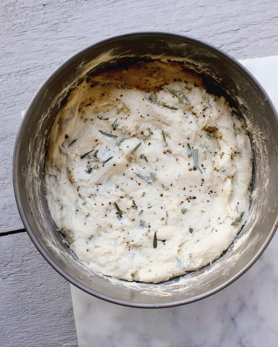 A gray metal bowl contains one thick, uneven layer of creamy white dough mixed with small green herb bits and sprinkled with black pepper flakes, the dough showing some texture and air pockets on the surface, with some remnants stuck to the bowl's sides, all placed on a white marbled surface photo taken with an iphone --ar 4:5 --v 7