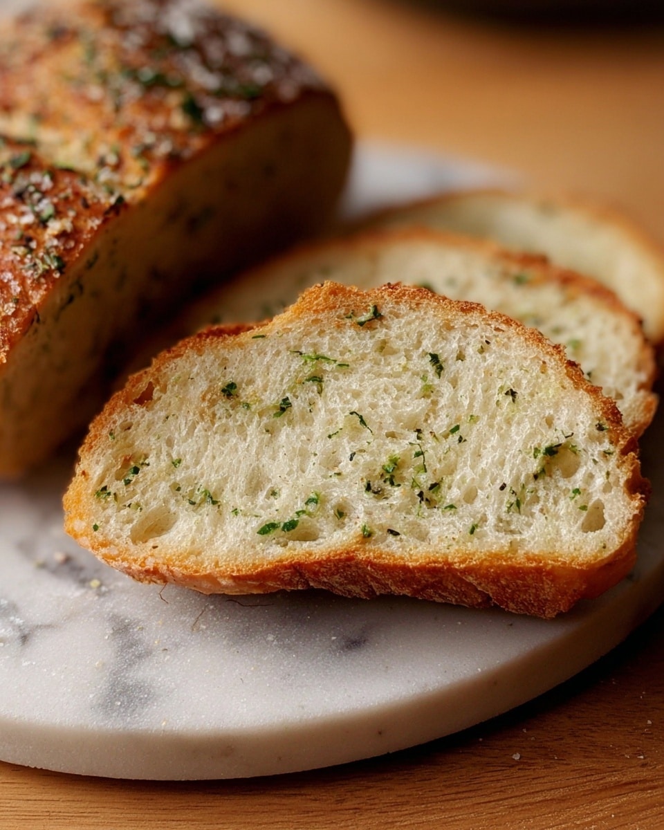 The image shows two slices of soft bread with small green herb pieces mixed inside, placed on a round white marble plate. The bread crust is light brown with a slightly rough texture, while the inside is fluffy and pale with scattered herbs. The plate sits on a wooden surface, and part of a larger bread loaf, with a crunchy crust coated in coarse salt and herbs, is visible to the left side. Photo taken with an iphone --ar 4:5 --v 7