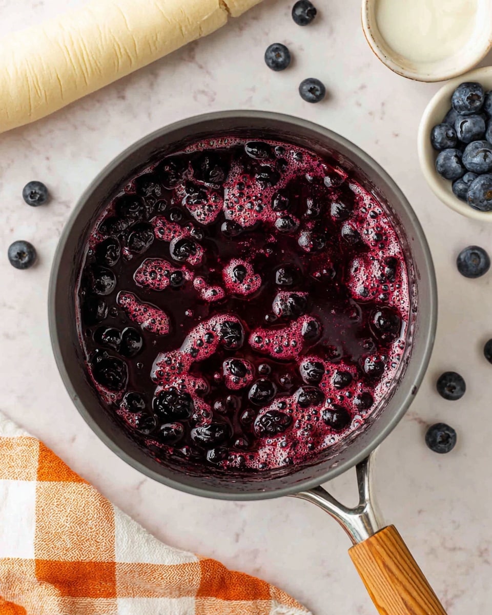 A gray pot filled with a mix of dark blueberries and blackberries simmering in a thick, deep purple-red liquid. The berries look shiny and soft, floating in the syrup with some bubbles on the surface. Around the pot, there are scattered fresh blueberries on a white marbled surface. A white bowl with cream and a rolled piece of dough are placed nearby. A white and orange plaid cloth is partly visible in the bottom left corner. Photo taken with an iphone --ar 4:5 --v 7
