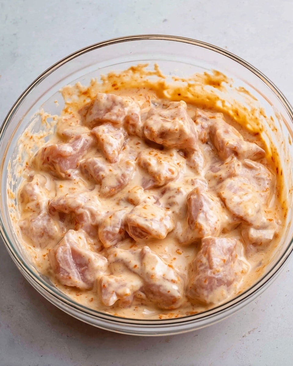 A clear glass bowl filled with many pieces of light pink meat covered in a thick creamy sauce that is pale orange with some darker orange specks and streaks spread unevenly across the surface and sides inside the bowl. The meat pieces vary in size and shape, appearing soft and moist under the sauce, sitting on a smooth white marbled surface. photo taken with an iphone --ar 4:5 --v 7