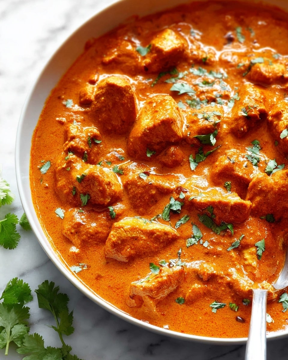A close-up of a round white bowl filled with thick orange curry sauce covering many pieces of cooked chicken chunks, with a smooth and creamy texture visible in the sauce. Bright green chopped cilantro leaves are scattered on top, adding color contrast. A metal spoon is partially dipped inside the curry on the right side. The background is a white marbled surface with a few cilantro leaves outside the bowl. Photo taken with an iphone --ar 4:5 --v 7