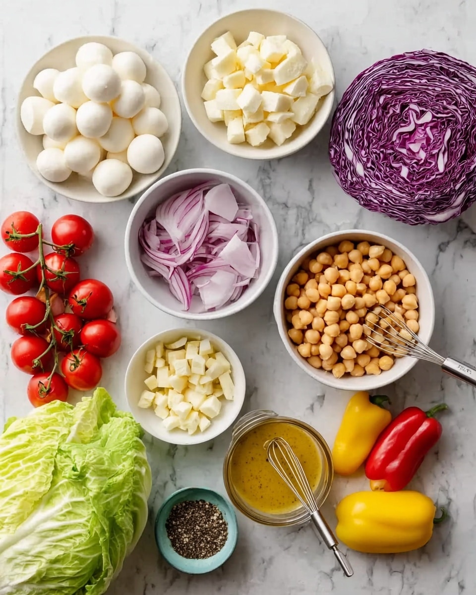 The image shows various fresh ingredients arranged neatly on a white marbled surface. There are six white bowls: one with round white mozzarella balls, one with small diced cheese cubes, one with chickpeas, one with thin slices of purple onion, one with a mustard-colored sauce with a whisk inside, and one with three yellow peppers. Surrounding the bowls are a bunch of bright red cherry tomatoes still on the vine, a whole head of green iceberg lettuce, and a whole head of purple radicchio. A lemon half and a small bowl with coarse black pepper are also visible. Photo taken with an iphone --ar 4:5 --v 7
