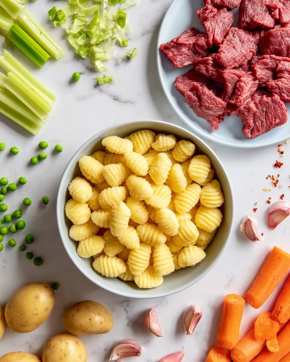 The image shows a white bowl in the center filled with small ridged yellow gnocchi. Around the bowl are raw ingredients on a white marbled surface: top right has a white plate with small pieces of red raw beef, top left shows a few green celery sticks, bottom left has light brown potatoes and scattered green peas, bottom right shows small bright orange baby carrots, and to the right of the bowl there are several pinkish-white garlic cloves. Near the celery are red chili flakes scattered on the surface. The colors are natural and fresh, with each item clearly separated. Photo taken with an iphone --ar 4:5 --v 7