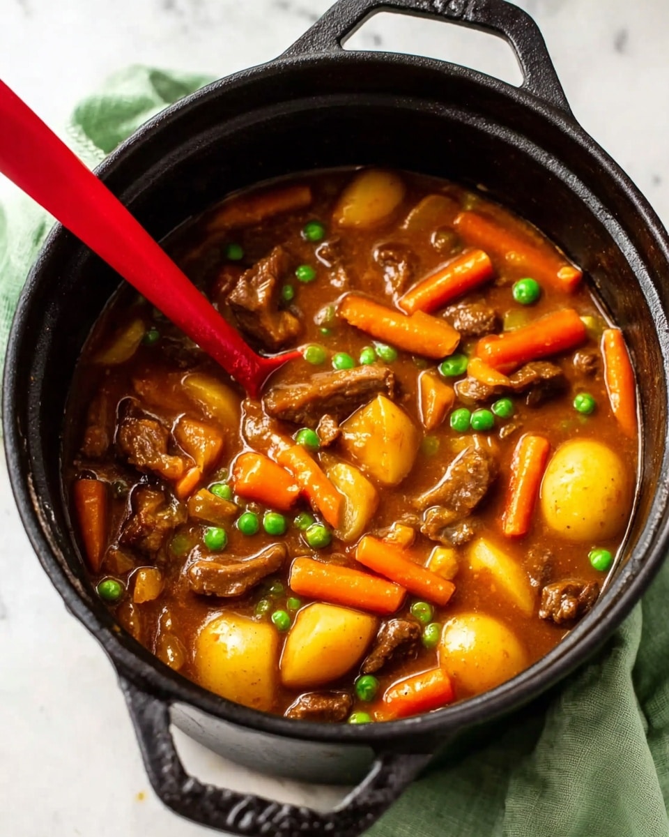 A black cast iron pot filled with a stew containing bright orange baby carrots, small green peas, golden small potato pieces, and tender chunks of brown meat in a thick brown sauce. Inside the pot, a red spoon is partially submerged in the stew, stirring the ingredients. The pot is placed on a white marbled surface with a soft green cloth nearby. Photo taken with an iphone --ar 4:5 --v 7