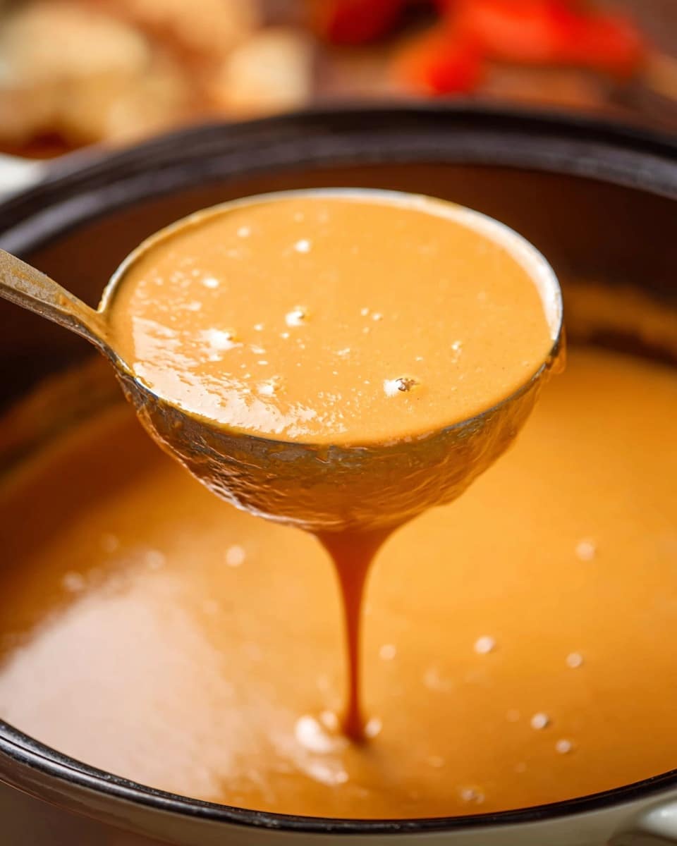 A close-up shot shows a large metal ladle filled with thick, smooth orange soup, with a few small bubbles on the surface. The ladle is held over a black pot filled with more of the same creamy soup, with a drip falling back into the pot. The background is softly blurred but has warm colors, and the scene sits on a white marbled surface. photo taken with an iphone --ar 4:5 --v 7