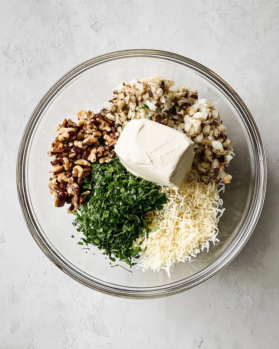 A clear glass bowl sits on a white marbled surface, containing five separate piles of ingredients. At the top right is a light brown mixture of finely chopped mushrooms and onions. Below it, near the center, is a bright, fresh green pile of chopped herbs. To the left of the herbs is a block of smooth, white cream cheese. At the bottom left is a small heap of coarsely chopped dark brown nuts. Next to the nuts, on the far left, is a small pile of off-white shredded cheese. All ingredients are fresh and arranged neatly in the bowl, ready to be mixed. Photo taken with an iphone --ar 4:5 --v 7