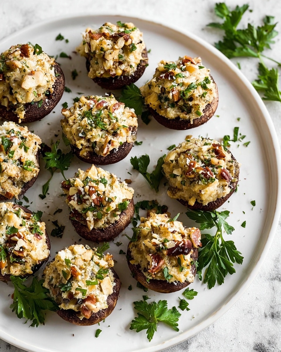 The image shows a white plate with ten stuffed mushrooms arranged in a loose circle. Each mushroom has a dark brown, textured base and is filled with a creamy, light beige mixture topped with finely chopped nuts, light cheese shreds, and small green herb pieces. Some parsley leaves are scattered on and around the plate, creating a fresh green contrast to the warm tones of the mushrooms and filling. The background is a white marbled texture. Photo taken with an iphone --ar 4:5 --v 7