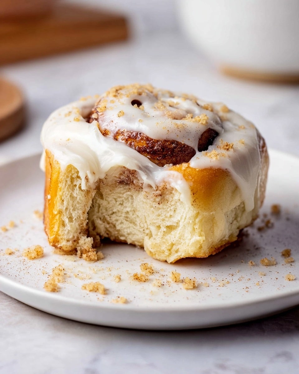 A single cinnamon roll sits on a white plate on a white marbled surface. The roll has two visible layers of soft, golden-brown dough, with a thick swirl of cinnamon sugar filling in the middle. It is topped with a thick, white cream cheese icing that drips slightly down the sides, sprinkled with small crumb pieces. The roll looks soft and fluffy, with a piece pulled away showing the inside texture. Photo taken with an iphone --ar 4:5 --v 7