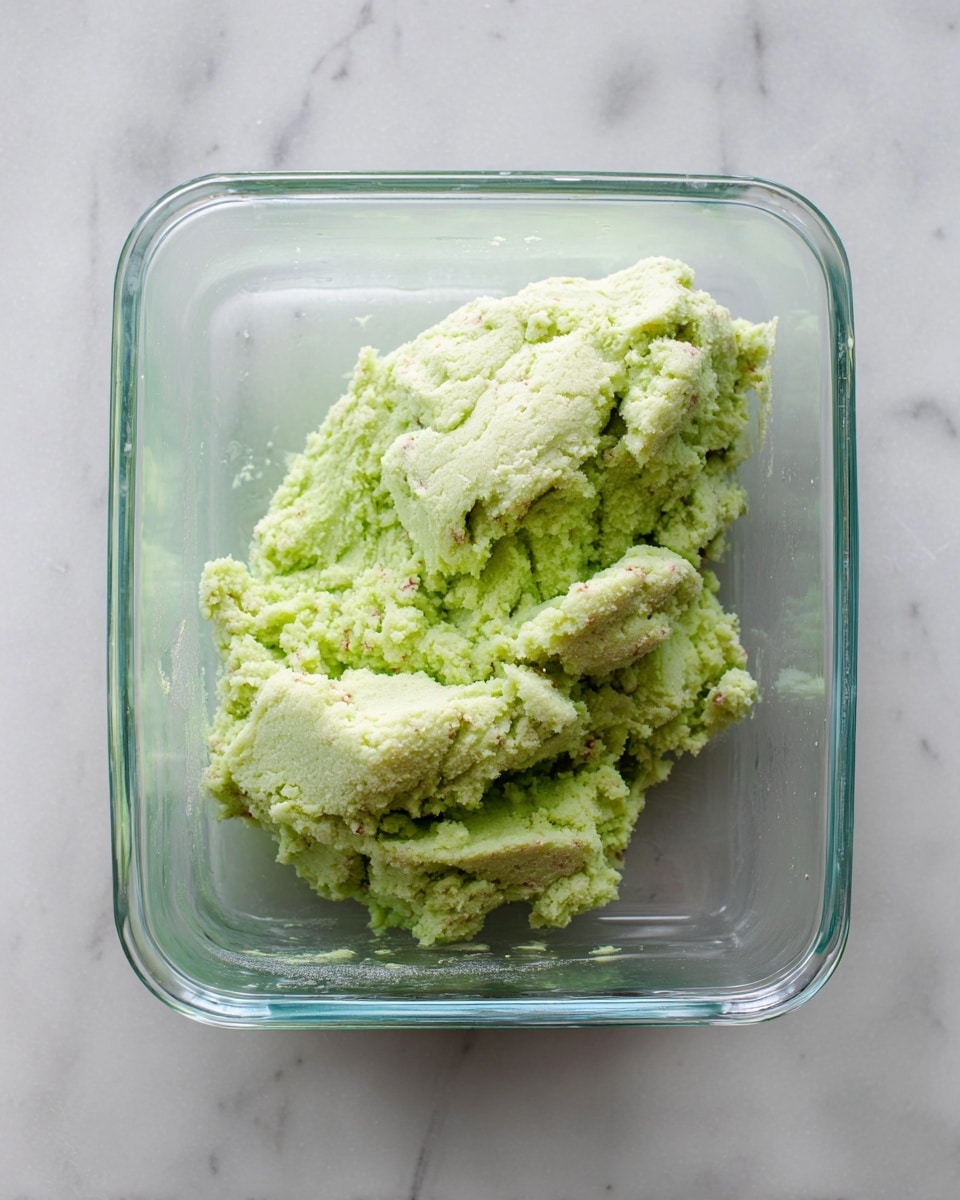 A clear rectangular glass dish sits on a white marbled surface, holding a single large scoop of light green dough-like mixture that is rough in texture and looks soft and crumbly, with tiny bits of a reddish ingredient scattered inside. The dough is unevenly piled in the center of the dish with some parts sticking out more than others, showcasing its coarse and grainy surface. Photo taken with an iphone --ar 4:5 --v 7