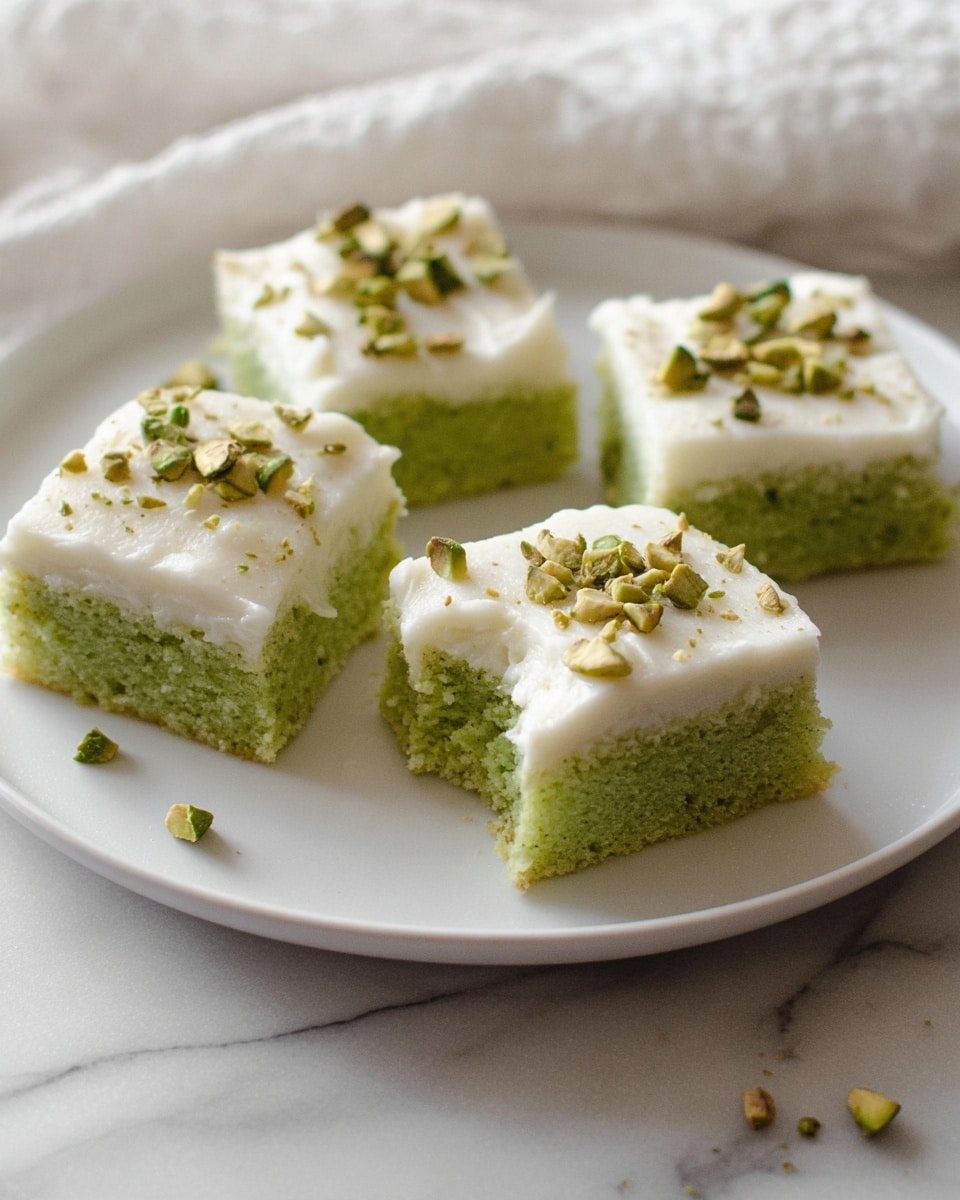The image shows four square pieces of green cake with a smooth, white frosting layer on top, placed evenly on a white plate. The green cake base looks soft and moist with a crumbly texture, while the white frosting is creamy and spread thickly, with a slightly wavy surface. Each piece is sprinkled with small pieces of chopped pistachios scattered on the frosting and around the plate. One cake piece has a small bite taken out, showing the inner texture of the cake. The plate sits on a white marbled surface with a soft, light fabric nearby in the background. photo taken with an iphone --ar 4:5 --v 7