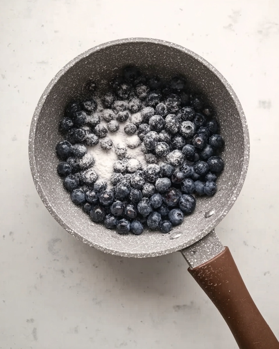 A gray cooking pot with a speckled texture is filled with small dark blue blueberries and a white powder sprinkled on top. The pot has a brown handle, and it sits on a smooth white marbled surface. The blueberries cover the bottom of the pot evenly, with some gaps showing the pot’s interior. Photo taken with an iphone --ar 4:5 --v 7