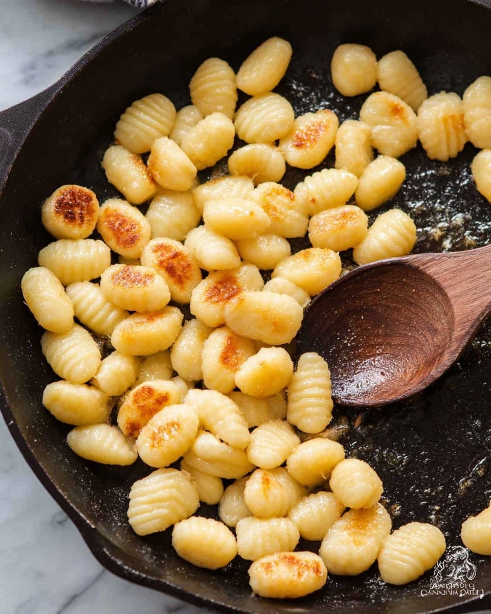 The image shows a black cast iron pan filled with small, golden gnocchi pieces, some with light brown spots indicating they are being cooked and slightly crispy on the edges. The gnocchi have a smooth, rounded shape with ridges. There is a wooden spoon resting on the pan, partly touching the gnocchi. The background has a soft, white marbled texture. photo taken with an iphone --ar 4:5 --v 7