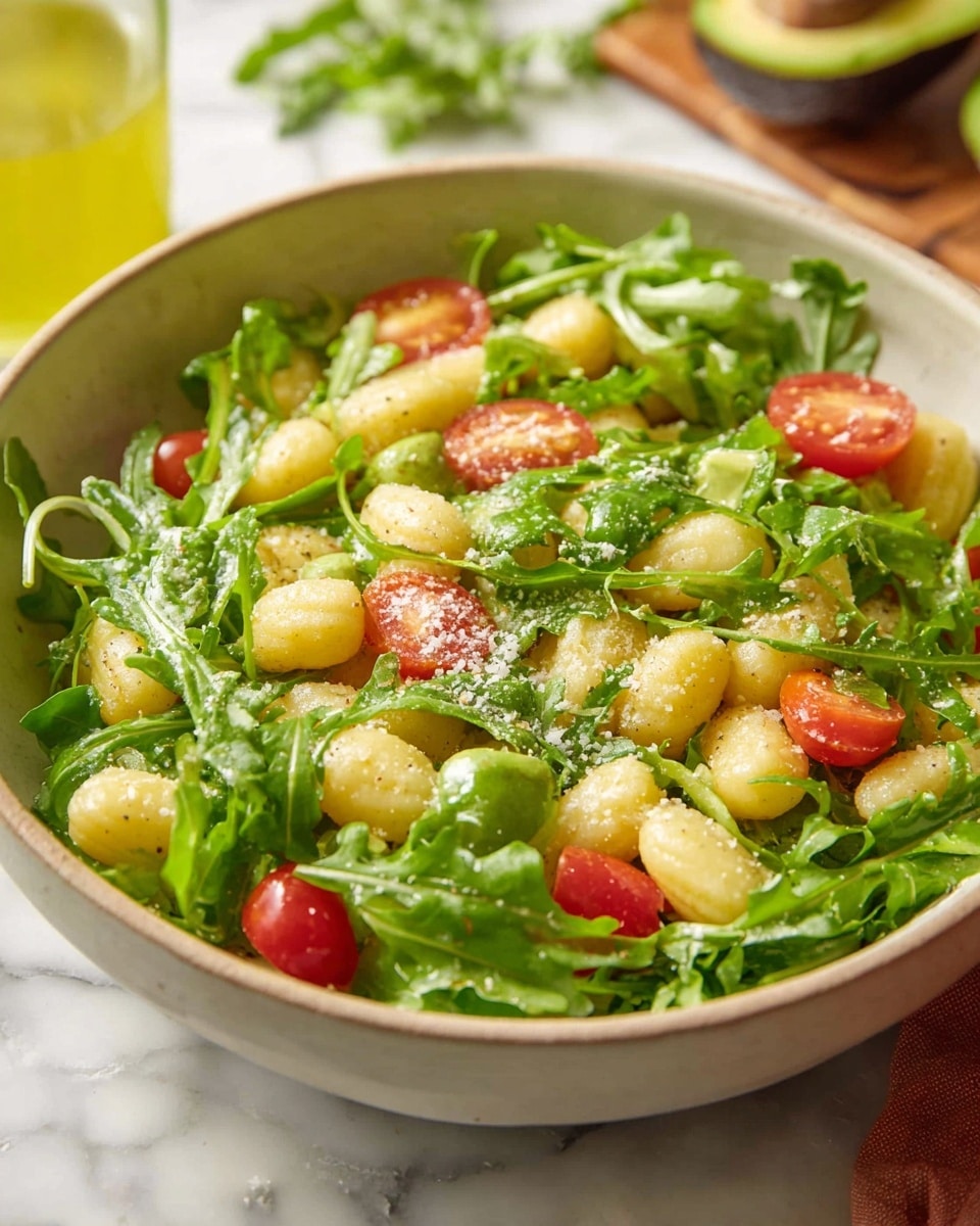 In a large white bowl, there is a fresh salad with three layers. The bottom layer is made of bright green arugula leaves with a slightly rough texture. The middle layer has round, pale yellow gnocchi pieces that look soft and slightly ridged. The top layer includes small red cherry tomato halves scattered around, adding color contrast. The salad is sprinkled lightly with a fine grated white cheese or seasoning. The bowl is placed on a white marbled surface with a blurred avocado half and a glass of yellow dressing in the background. Photo taken with an iphone --ar 4:5 --v 7