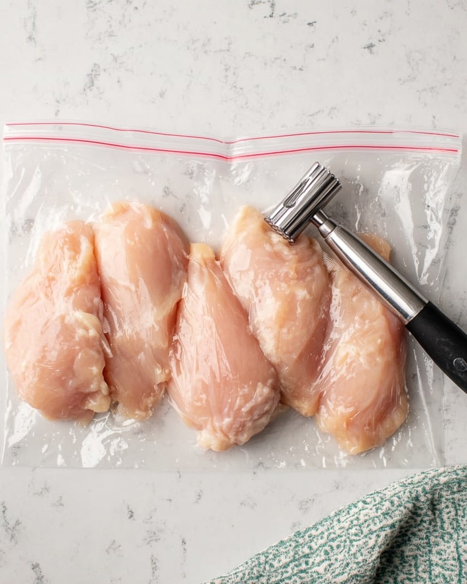 The image shows four pieces of raw chicken placed side by side inside a clear plastic zip-lock bag on a white marbled surface. A silver meat tenderizer with a black handle is pressing down on the rightmost piece of chicken. There is a green and white patterned cloth partially visible on the bottom right corner. The chicken pieces are pale pink with smooth, glossy textures, and the plastic bag is slightly wrinkled with some light reflections. Photo taken with an iphone --ar 4:5 --v 7
