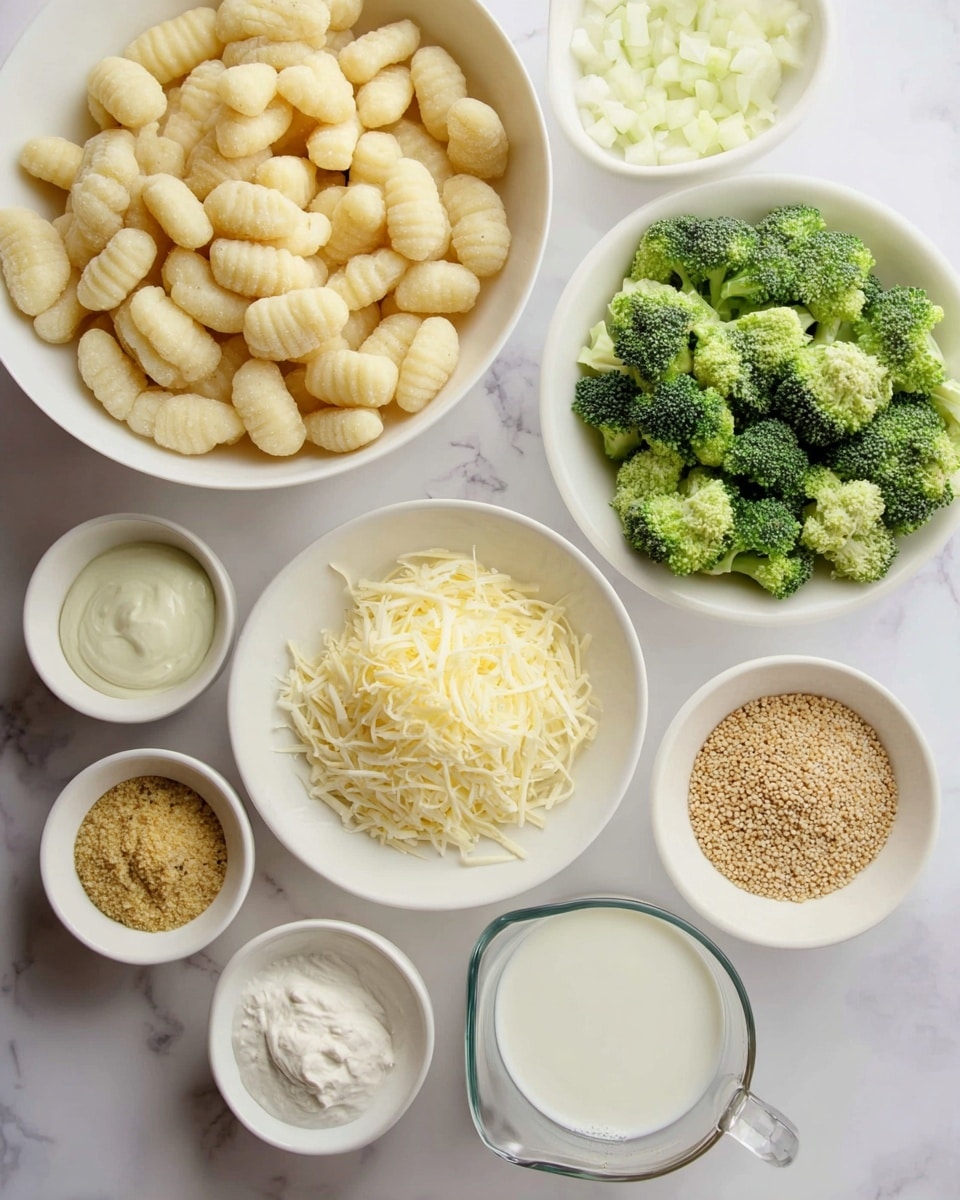 The image shows several white bowls and a white plate arranged on a white marbled surface, each filled with different ingredients. The largest white bowl at the top left is full of uncooked gnocchi, small and pale yellow with ridged textures. Below and to the right, there is a white bowl filled with finely chopped green broccoli florets. A medium white bowl at the top right holds chopped white onions. Another white bowl near the center contains finely grated pale yellow cheese. Smaller white bowls contain grainy Dijon mustard with visible mustard seeds, dry bread crumbs, and creamy white sour cream. At the bottom, a clear glass measuring cup holds a white liquid, likely milk. Everything is neatly arranged and well-lit. Photo taken with an iphone --ar 4:5 --v 7