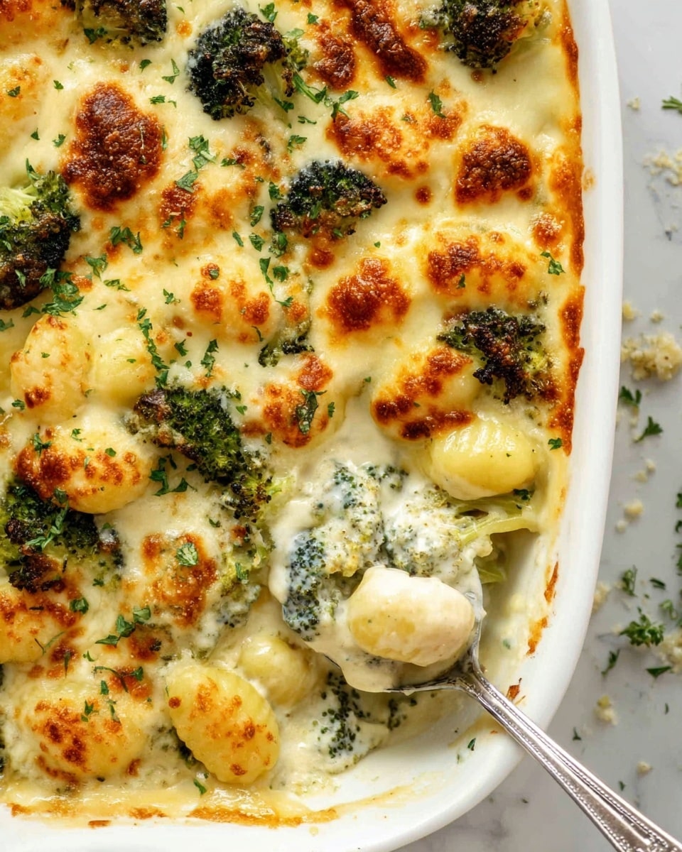 This image shows a white baking dish filled with baked gnocchi and broccoli covered in a creamy white cheese sauce. The top layer is golden brown with spots of melted, browned cheese giving a bubbly texture. Small green broccoli florets are scattered on top, adding green color to the mostly light cream and yellow gnocchi. Finely chopped green herbs are sprinkled across the top for a fresh look. A silver spoon scoops some of the cheesy gnocchi and broccoli from the bottom right corner, showing the thick creamy sauce below the browned surface. The dish is set on a white marbled surface with small bits of green herbs around the dish. photo taken with an iphone --ar 4:5 --v 7