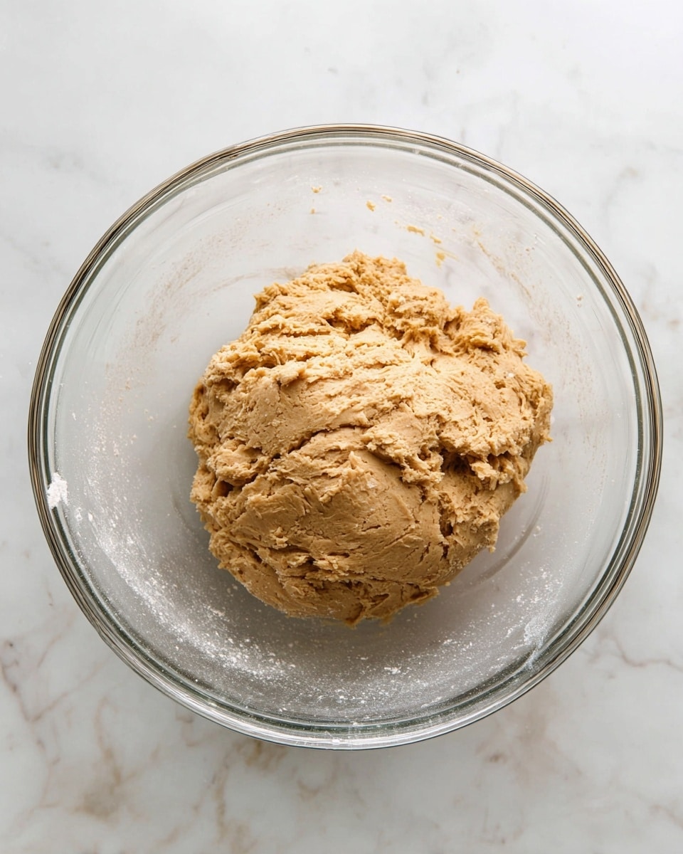 A clear glass bowl containing a single large ball of light brown dough with a rough, slightly crumbly texture sits on a white marbled surface. The dough has uneven surfaces and small cracks, showing it is soft but firm. There are some faint traces of flour dusted lightly inside the bowl around the dough. The scene is bright and clean with no other objects visible. photo taken with an iphone --ar 4:5 --v 7