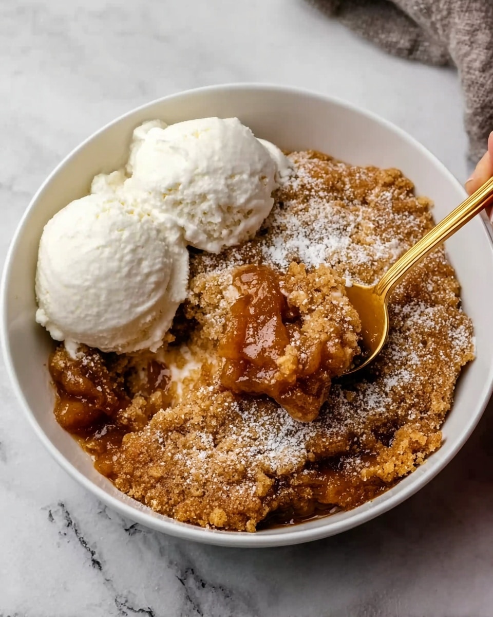 A white bowl filled with three main layers: the bottom layer is a soft, warm caramel-colored fruit filling with a thick, sticky texture; above it is a golden brown crumbly topping with a slightly rough surface, sprinkled with a light dusting of powdered sugar; on one side of the bowl, there are two smooth, round scoops of white ice cream. A woman's hand holds a golden spoon digging into the crumbly top layer, revealing the sticky filling underneath. The bowl sits on a white marbled surface. Photo taken with an iphone --ar 4:5 --v 7