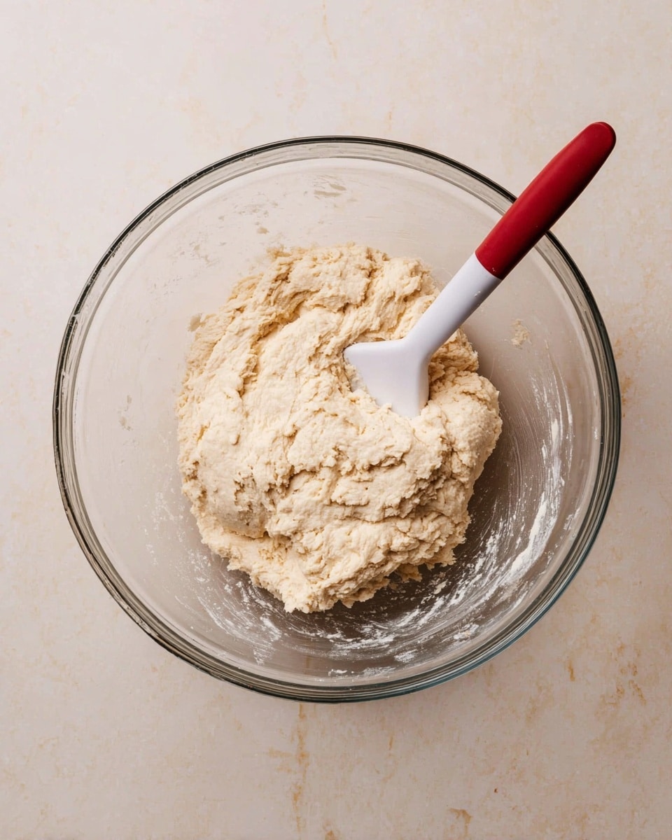 A clear glass bowl sits on a white marbled surface, filled with a single thick layer of pale beige, lumpy dough. A white spatula with a red handle rests inside the bowl, partially covered in the dough and positioned on the right side. The dough has a rough texture, and the bowl's transparent sides show some dough sticking lightly to the edges. Photo taken with an iphone --ar 4:5 --v 7