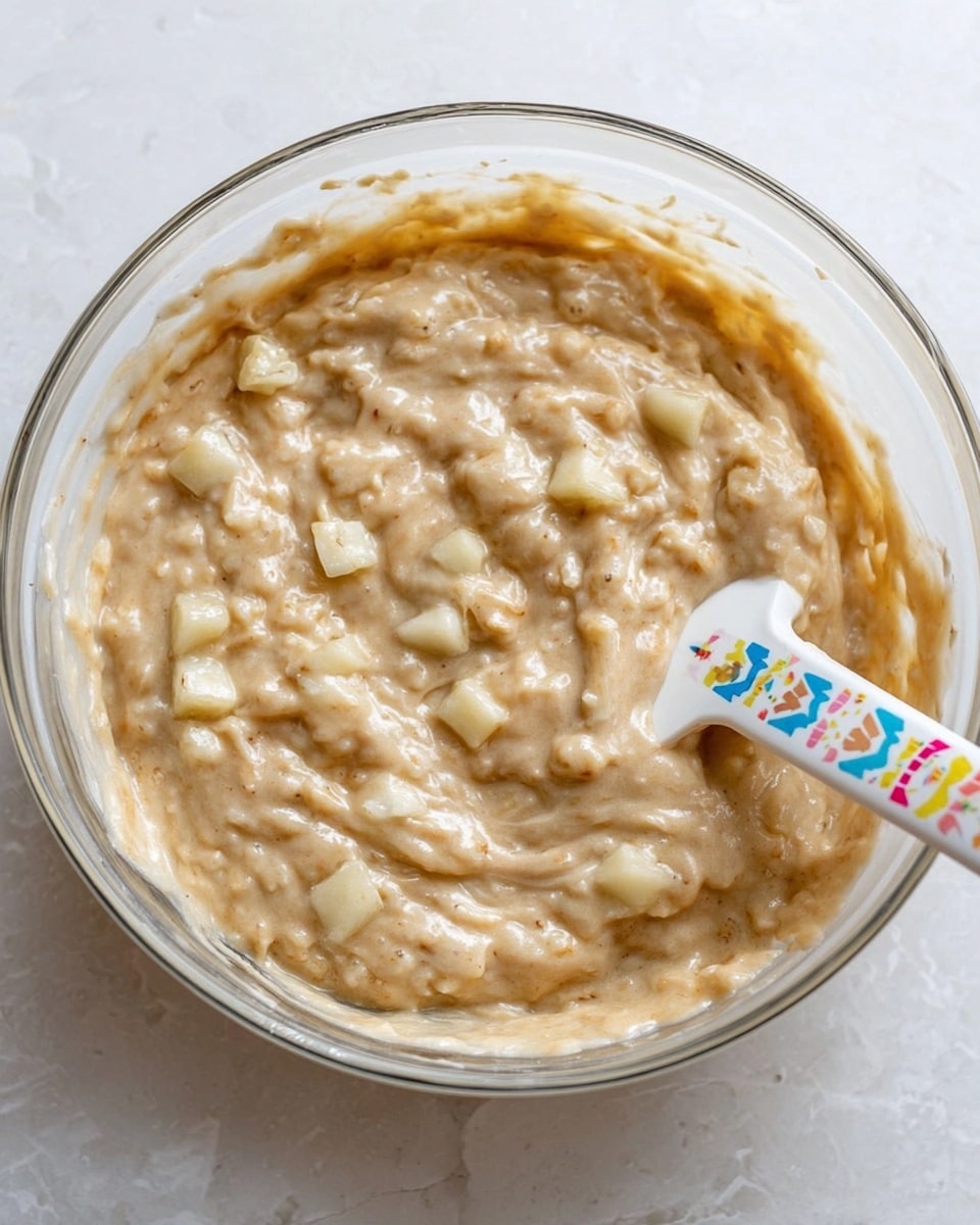 The image shows a clear glass bowl filled with a thick, creamy batter mixed with small, uneven pieces of light beige fruit, likely apple chunks. The batter has a smooth texture with a beige and slightly speckled color, swirled in the bowl. A white spatula with colorful cupcake designs on the handle is partially dipped into the mixture on the right side, blending with the batter. The bowl is sitting on a white marbled surface. Photo taken with an iphone --ar 4:5 --v 7
