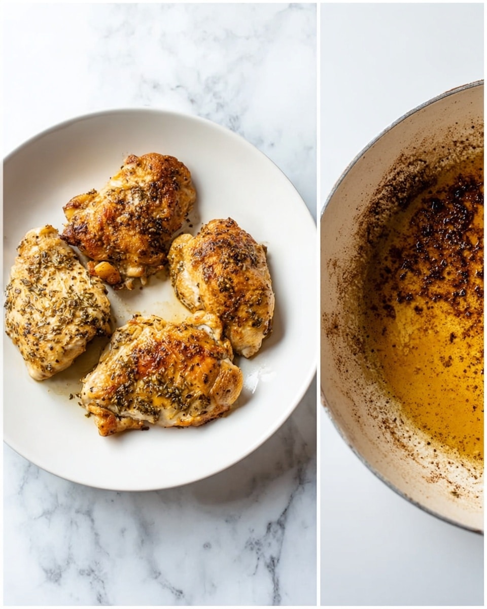 The image shows two parts: on the left, four golden brown cooked chicken pieces with pepper and herbs on a white plate, each piece having a slightly different shape and size, arranged close to each other. On the right, there is a white pan with brown cooked marks and some oil residue spread unevenly, showing the pan used to cook the chicken. Both the plate and pan are on a white marbled surface. photo taken with an iphone --ar 4:5 --v 7