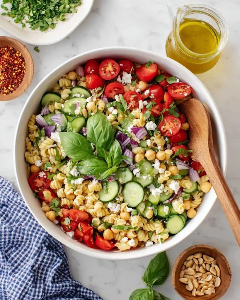 Easy Pasta Salad with Cherry Tomatoes, Chickpeas, Feta, and Fresh Herbs Recipe