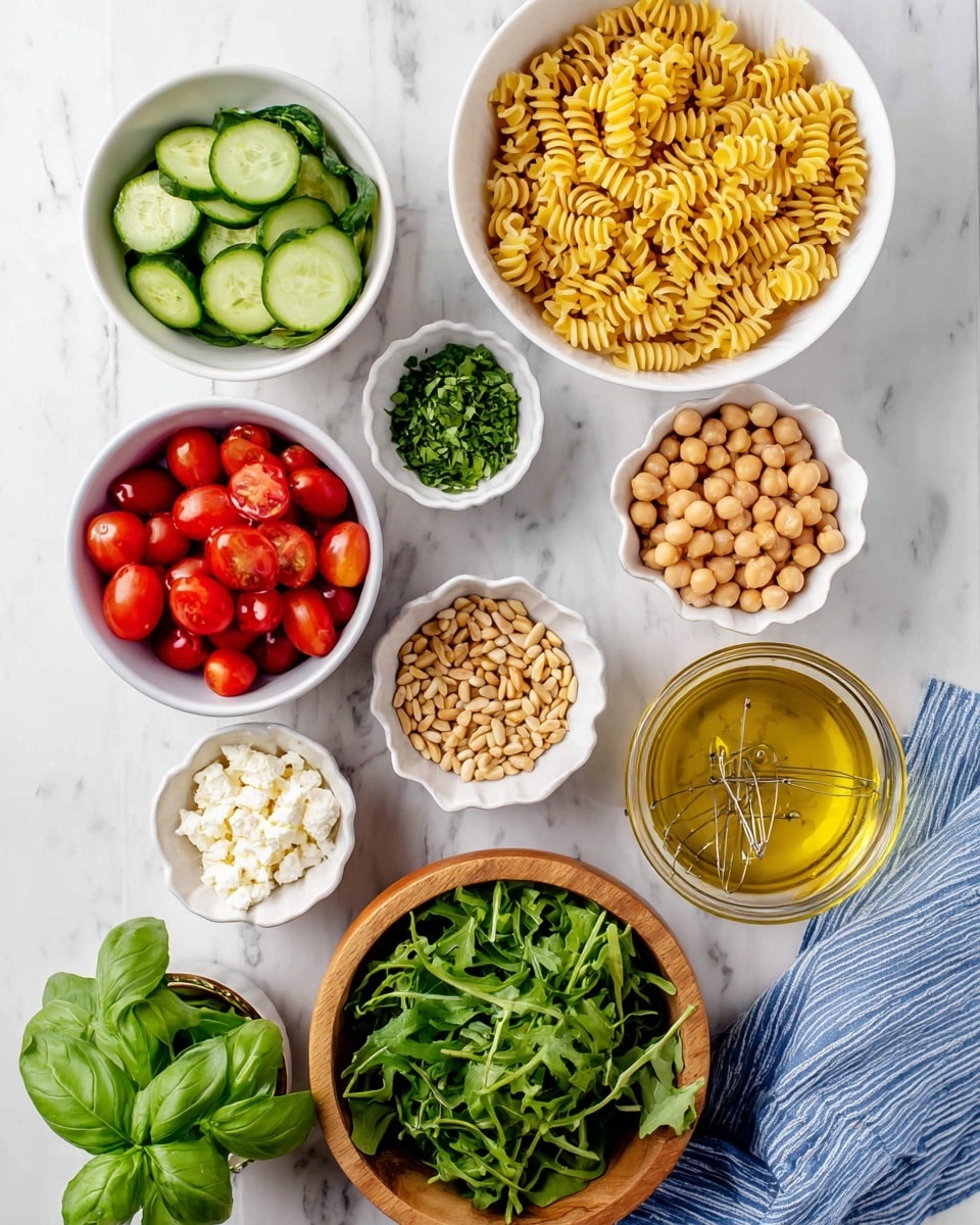 The image shows nine separate white bowls and one wooden bowl arranged on a white marbled surface. The top right bowl is filled with dry yellow spiral pasta. Below it, a white bowl contains sliced green cucumbers. To the left, a smaller white bowl holds fresh red cherry tomatoes, some halved to show their juicy inside. Next to it, a white bowl is full of light beige chickpeas. Below the chickpeas, a small white bowl contains toasted pine nuts. On the bottom left, a white bowl has crumbled white cheese. To the left, a small white bowl holds finely chopped green herbs. The center wooden bowl is full of fresh green basil leaves. At the bottom center, a white scallop-edged bowl contains dark green arugula leaves. Near the top, a clear glass bowl holds yellow salad dressing with a whisk inside. Next to it, there is a folded blue-striped cloth. Photo taken with an iphone --ar 4:5 --v 7