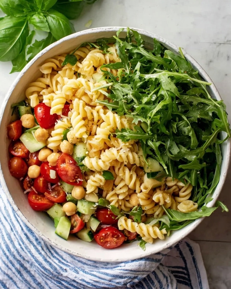 The image shows a white bowl filled with a colorful pasta salad. The bottom layer is made of light yellow spiral pasta that looks soft and cooked. Mixed on top are bright red cherry tomato halves, light beige chickpeas, and small green cucumber pieces. Finishing the dish is a generous layer of fresh, dark green arugula leaves scattered all over. The bowl sits on a white marbled surface with a striped blue and white cloth visible on the side, and a bunch of fresh green basil leaves is in the background. Photo taken with an iphone --ar 4:5 --v 7