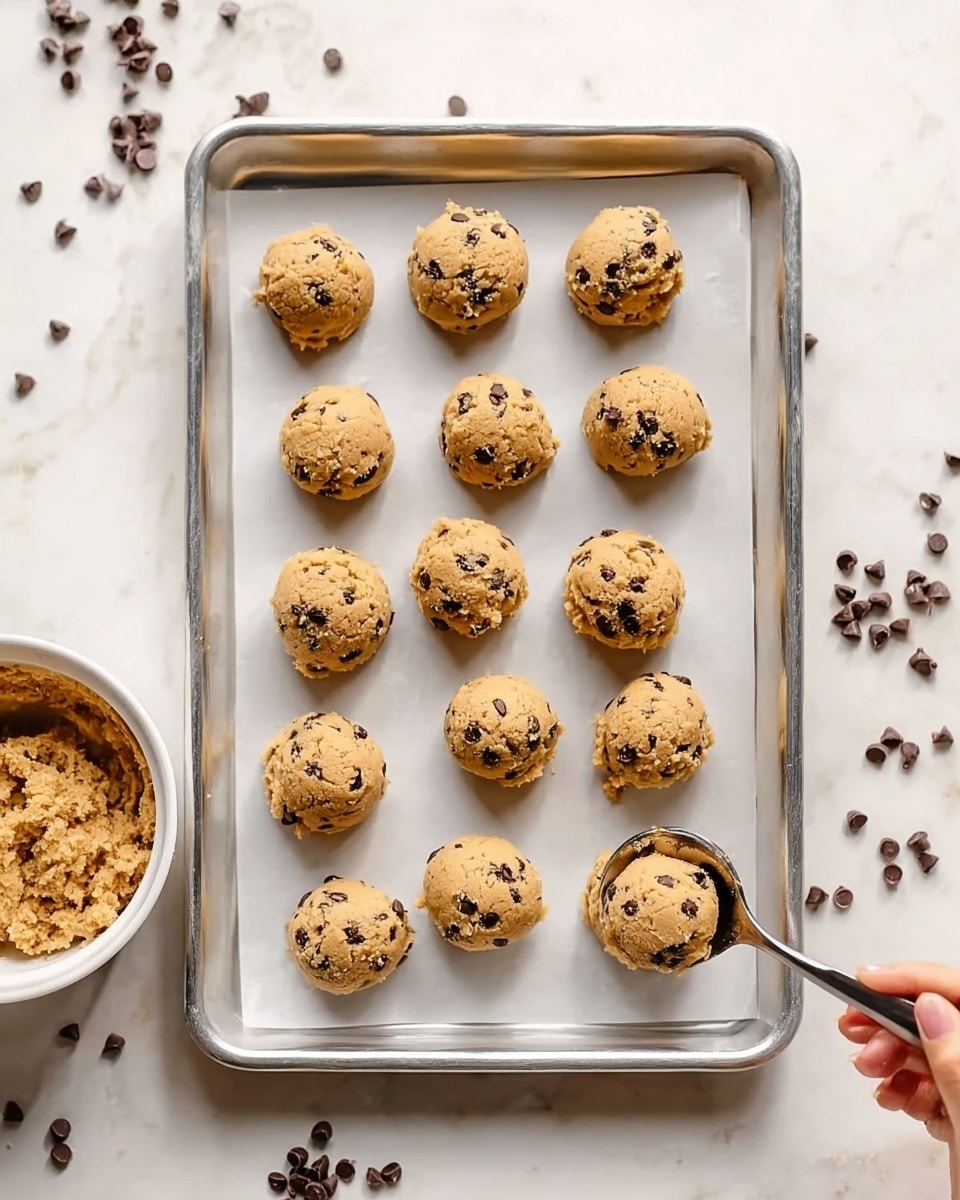 The image shows a silver baking tray with a white paper liner placed on a white marbled surface. On the tray, there are 12 evenly spaced round scoops of light brown cookie dough with small dark chocolate chips mixed in. To the left of the tray, there is a white bowl filled with more cookie dough. A woman's hand holds a silver spoon in the bowl, appearing to scoop the dough. Scattered chocolate chips are around the tray on the white marbled surface, adding texture and detail. photo taken with an iphone --ar 4:5 --v 7