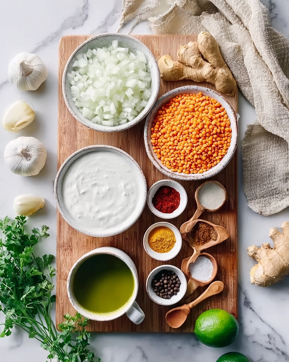 The image shows a wooden board laid on a white marbled surface, filled with various ingredients arranged neatly. On the left, there is a white bowl full of chopped white onions, and below it is another white bowl containing thick white liquid, likely yogurt or cream. On the right side of the board, a larger white bowl holds bright orange lentils, while a small white bowl above it is filled with peeled garlic cloves. Several small white bowls and wooden spoons with ground spices in colors like bright yellow, deep red, and dark brown are lined up in the top row. A cup filled with green liquid or sauce is positioned in the bottom left corner on the board. Around the board are natural decor items like whole garlic bulbs, fresh green herbs, two small green limes, and ginger pieces scattered lightly. A beige cloth drapes casually on the top right side. Photo taken with an iphone --ar 4:5 --v 7