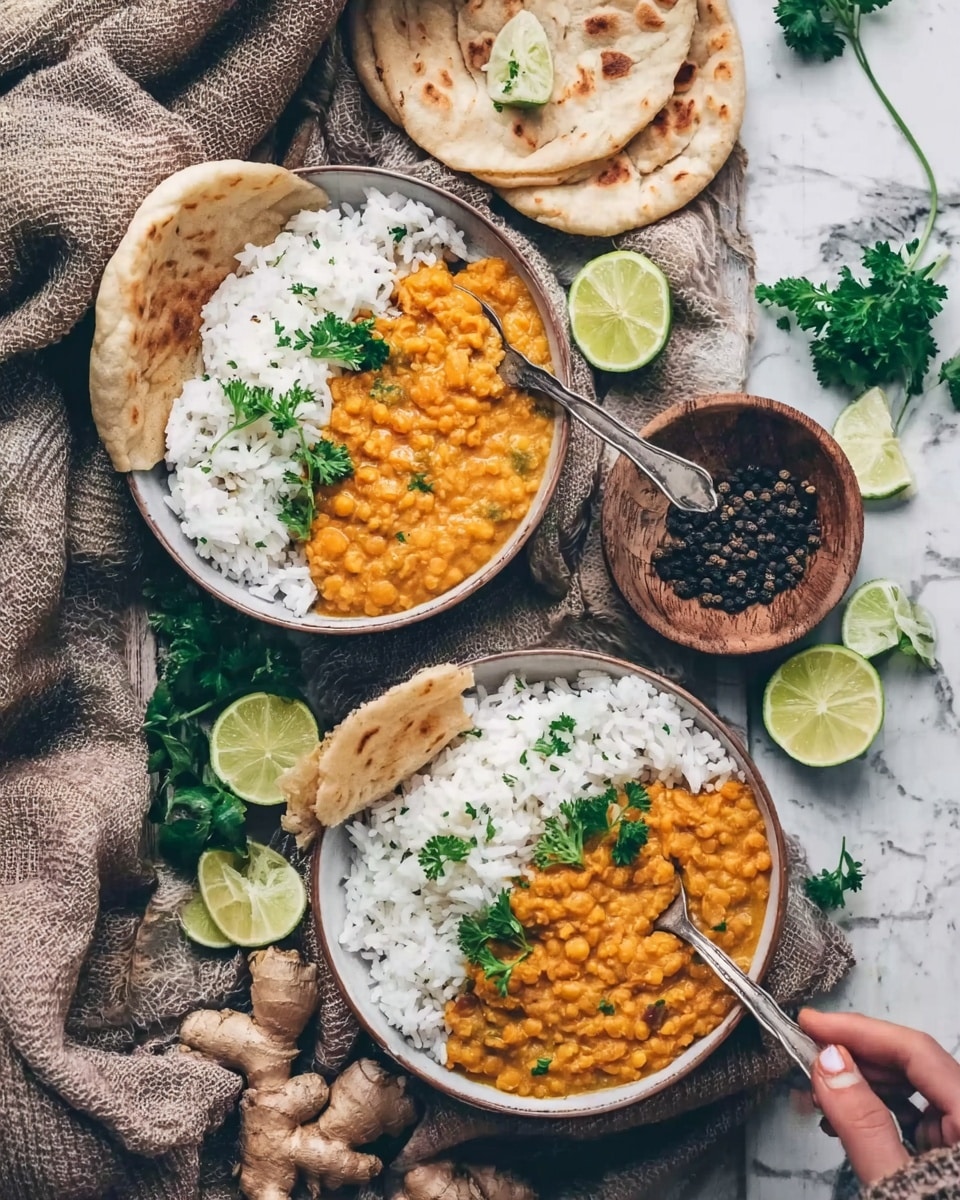 The image shows two white bowls on a white marbled surface, each filled with two layers: a base layer of fluffy white rice and a top layer of thick orange lentil curry with a slightly creamy texture. Each bowl is garnished with fresh green parsley on the curry, adding a pop of color. One bowl has a piece of flatbread resting on the side, and each bowl contains a spoon placed inside. Around the bowls, there are lime wedges, garlic cloves, black peppercorns in a small wooden container, and fresh ginger pieces scattered on the surface, adding more texture and natural colors. A woman's hand is holding one of the spoons. The overall setting looks cozy and rustic with a warm, inviting vibe. photo taken with an iphone --ar 4:5 --v 7