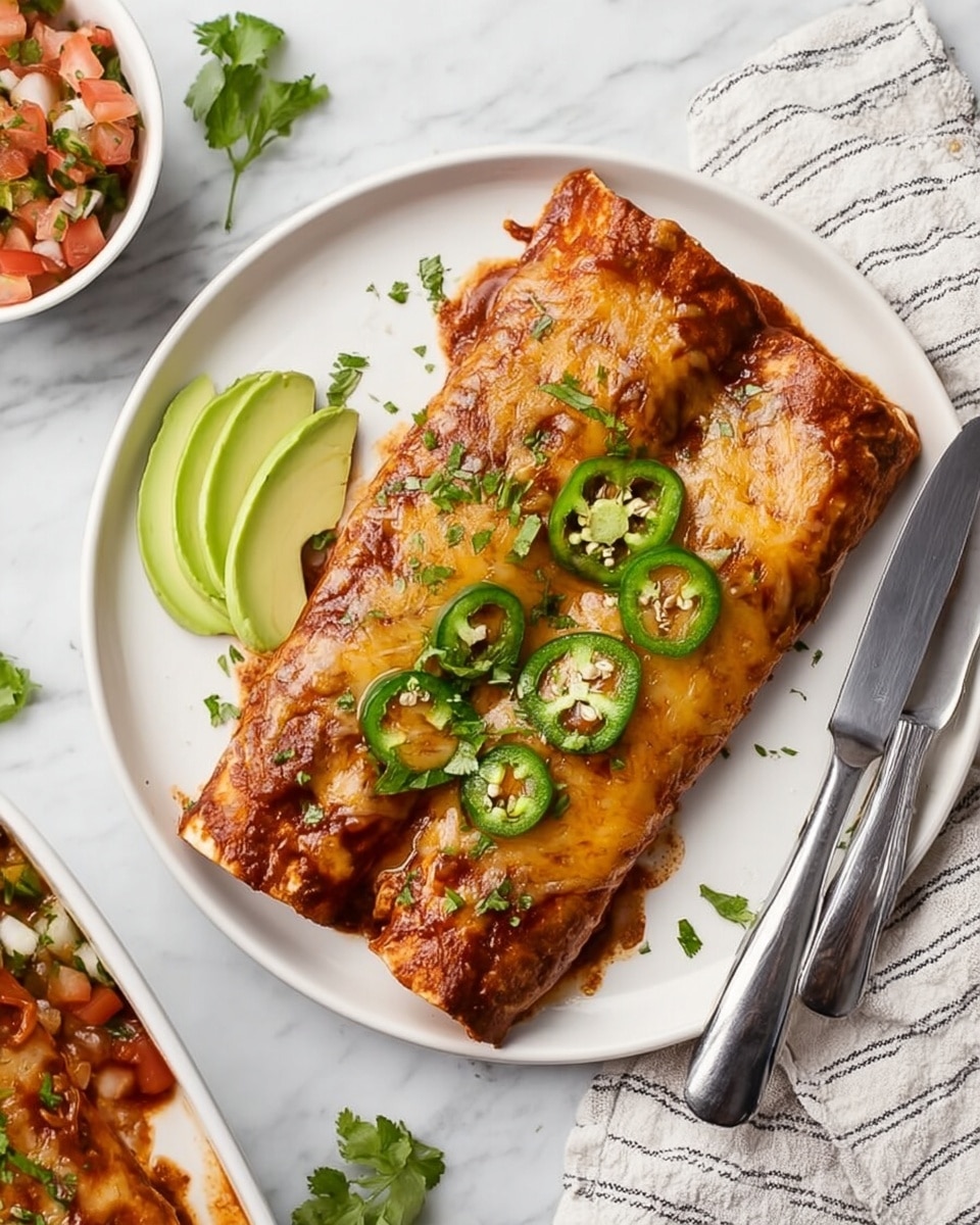 A white round plate holds two rolled enchiladas side by side, each covered in a shiny, reddish-brown sauce and melted cheese that looks smooth and slightly bubbly. Thin, round slices of green jalapeño peppers are spread evenly on top of the enchiladas along with small bits of chopped cilantro for garnish. On the left side of the plate, there are a few thin slices of light green avocado. The plate sits on a white marbled surface with some scattered cilantro leaves nearby. A striped cloth napkin with a fork and knife is placed to the right, and partially visible next to the plate is a dish of chunky salsa with diced tomatoes, onions, and green herbs. Photo taken with an iphone --ar 4:5 --v 7